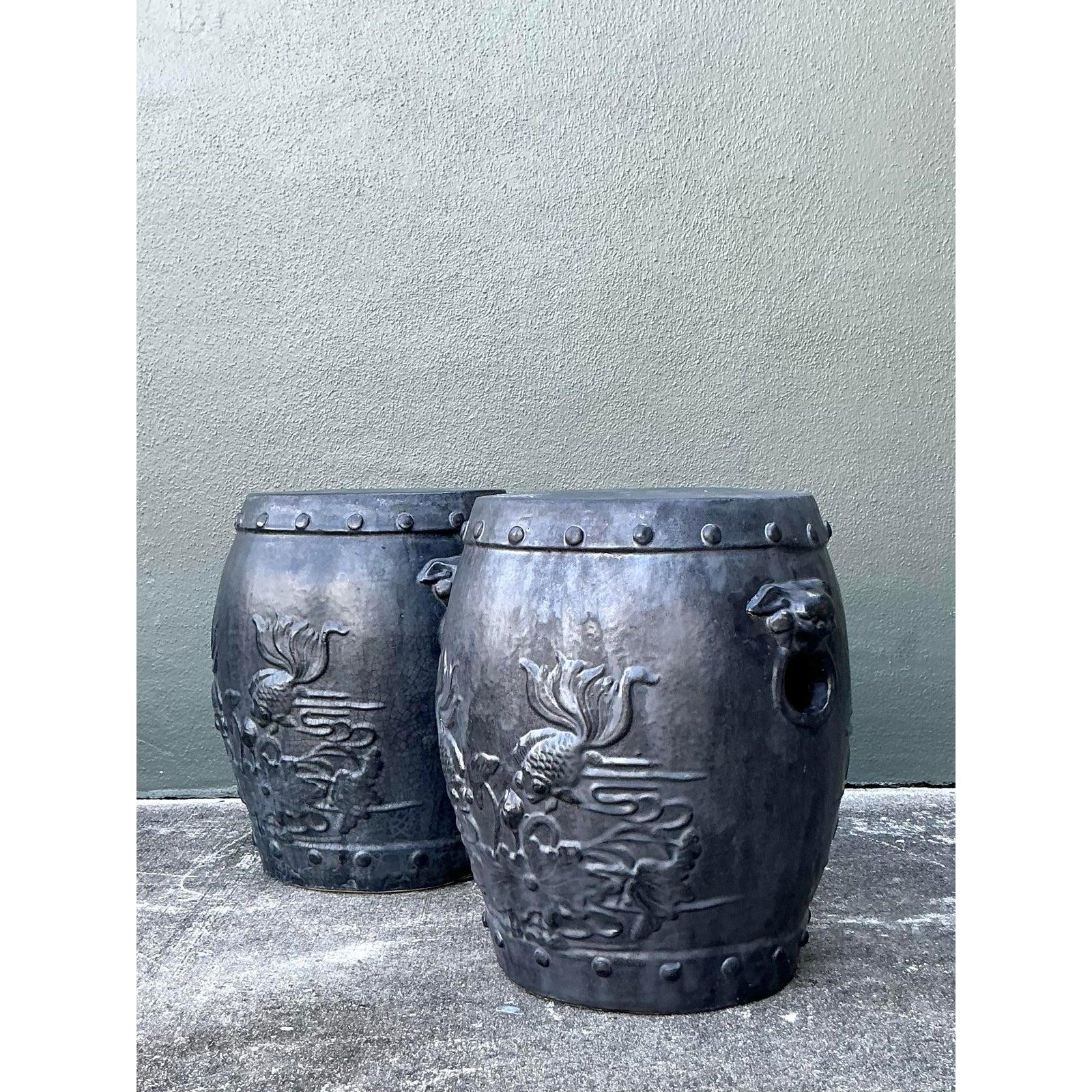 Vintage Boho Lucky Fish Matte Ceramic Low Stools - A Pair Industrial en venta