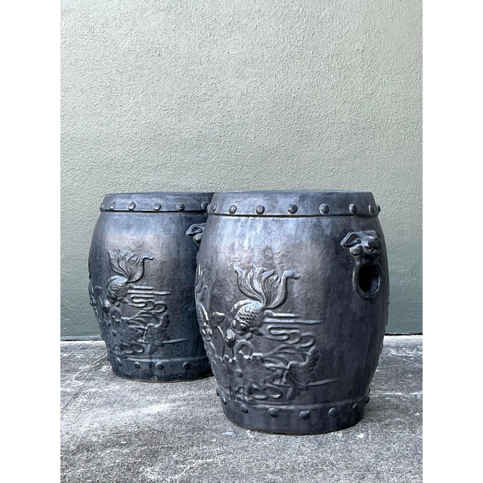 Vintage Boho Lucky Fish Matte Ceramic Low Stools - A Pair Chino en venta