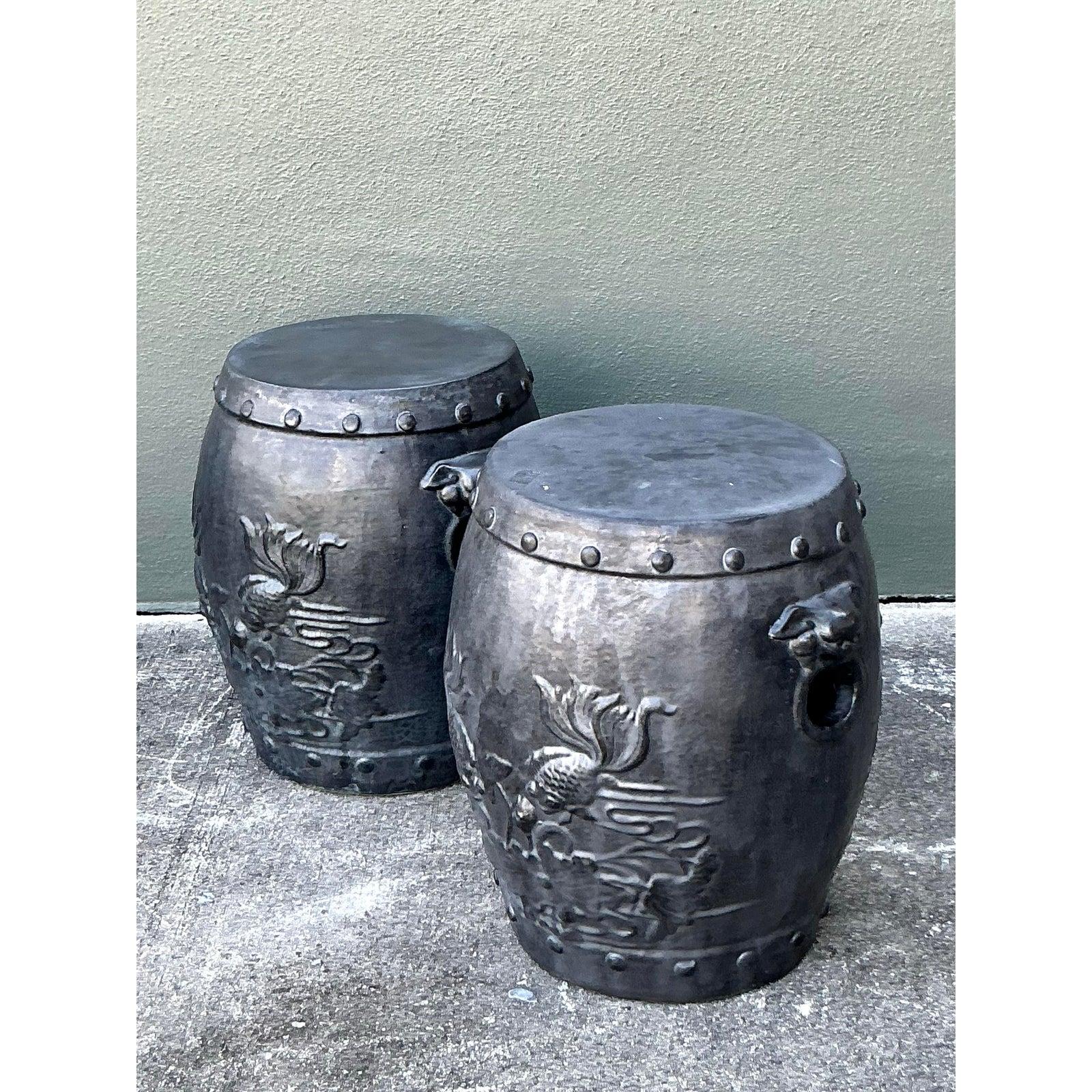 Vintage Boho Lucky Fish Matte Ceramic Low Stools - A Pair en Bueno estado para la venta en West Palm Beach, FL