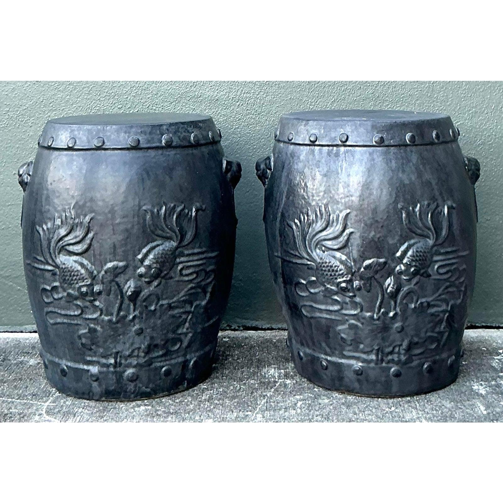 Vintage Boho Lucky Fish Matte Ceramic Low Stools - A Pair siglo XX en venta
