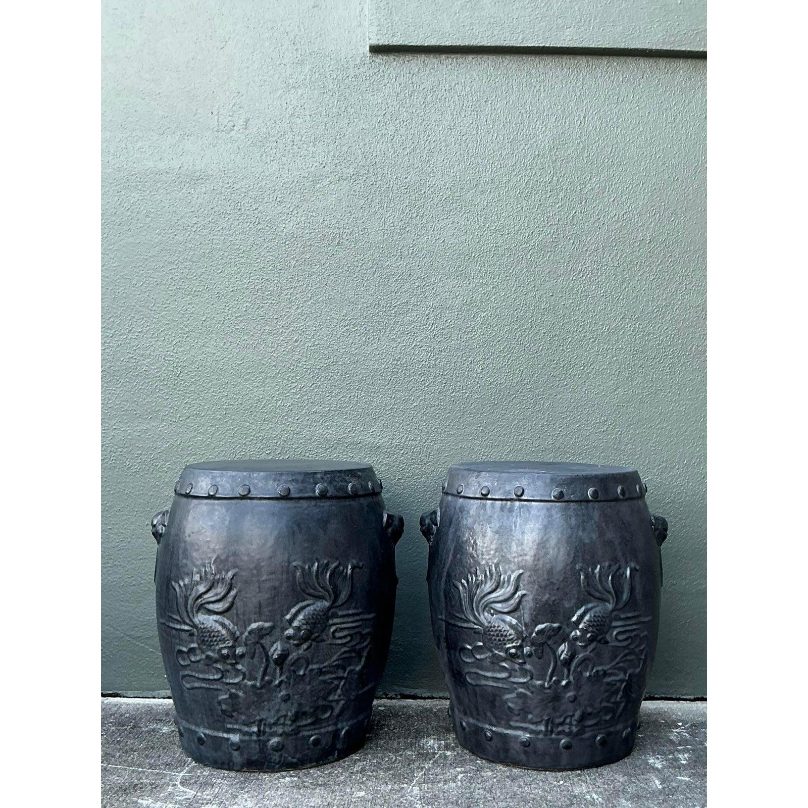 Vintage Boho Lucky Fish Matte Ceramic Low Stools - A Pair en venta 1