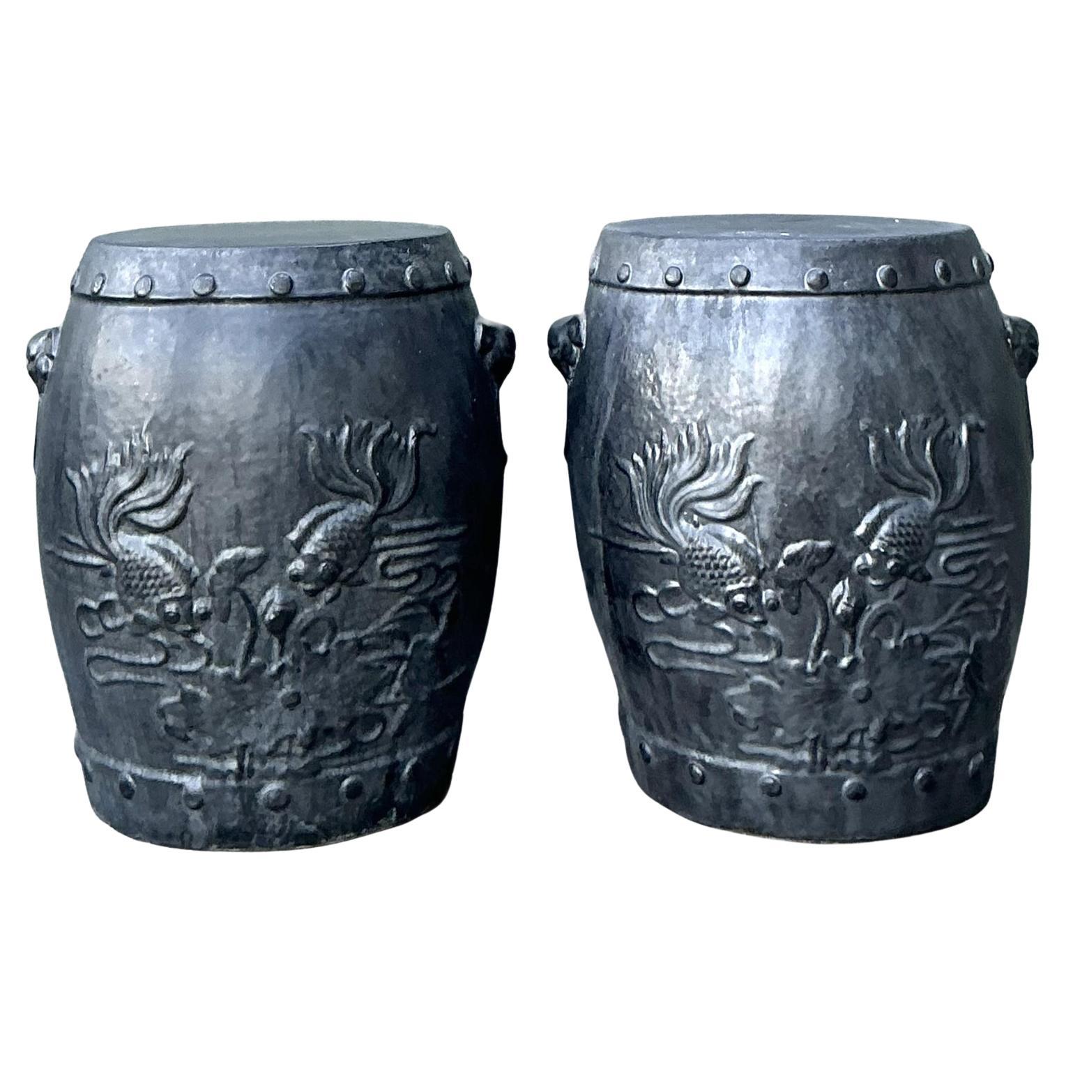 Vintage Boho Lucky Fish Matte Ceramic Low Stools - A Pair