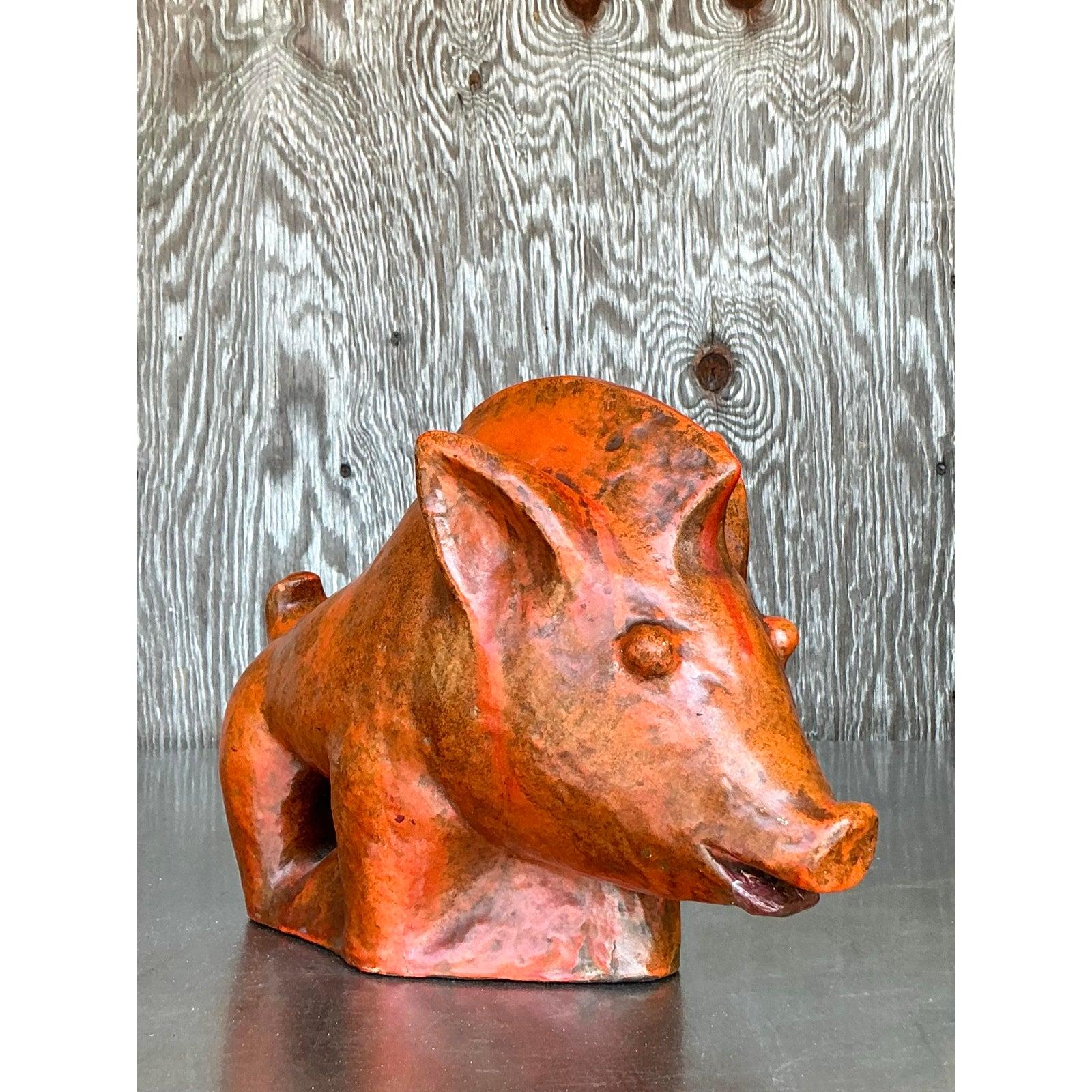 Vintage Boho Ludwig Konig Glazed Ceramic Pig In Good Condition For Sale In west palm beach, FL