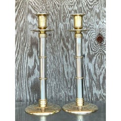 Vintage Boho Maitland Smith Candelabros de latón y cromo - Set de 2