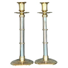 Vintage Boho Maitland Smith Candelabros de latón y cromo - Set de 2