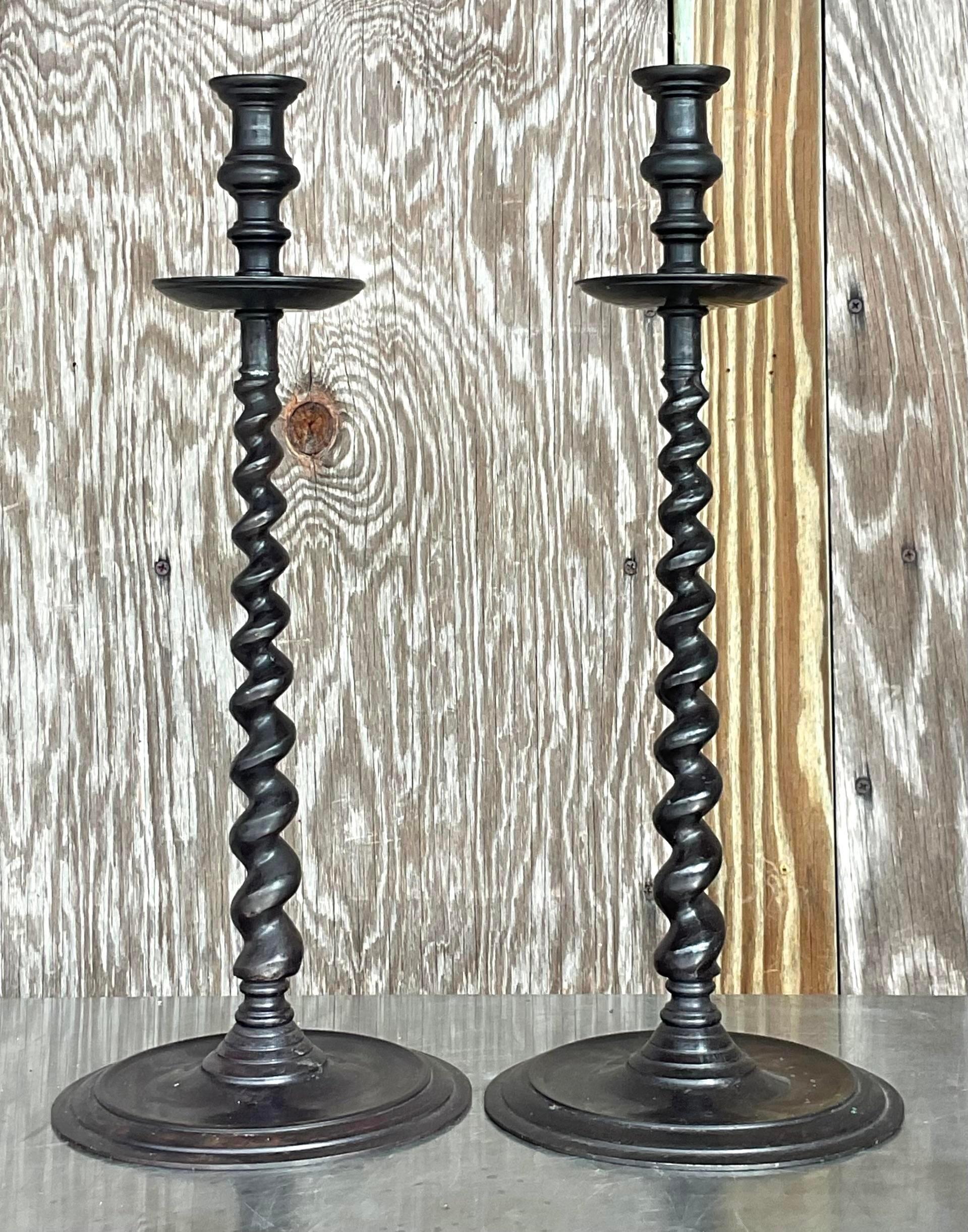Vintage Boho Maitland Smith Bronze Patinated Barley Twist Candlesticks - a Pair In Good Condition For Sale In west palm beach, FL