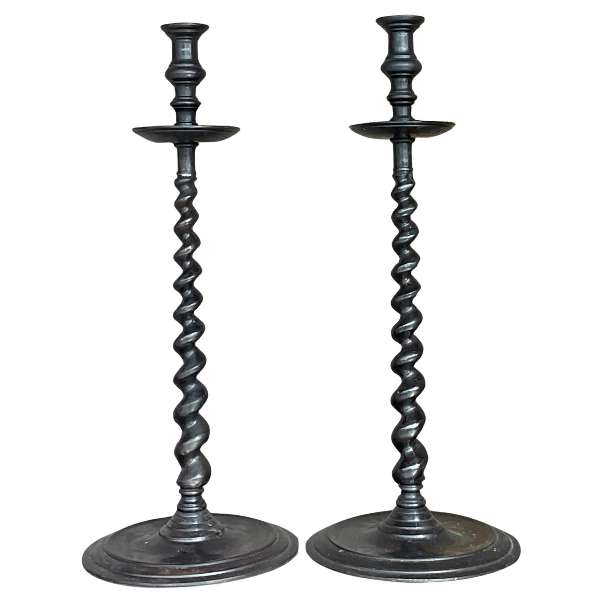 Vintage Boho Maitland Smith Bronze Patinated Barley Twist Candlesticks - a Pair For Sale