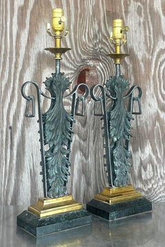 Vintage Boho Maitland Smith Patinated Fleur De Lys Lamps - a Pair