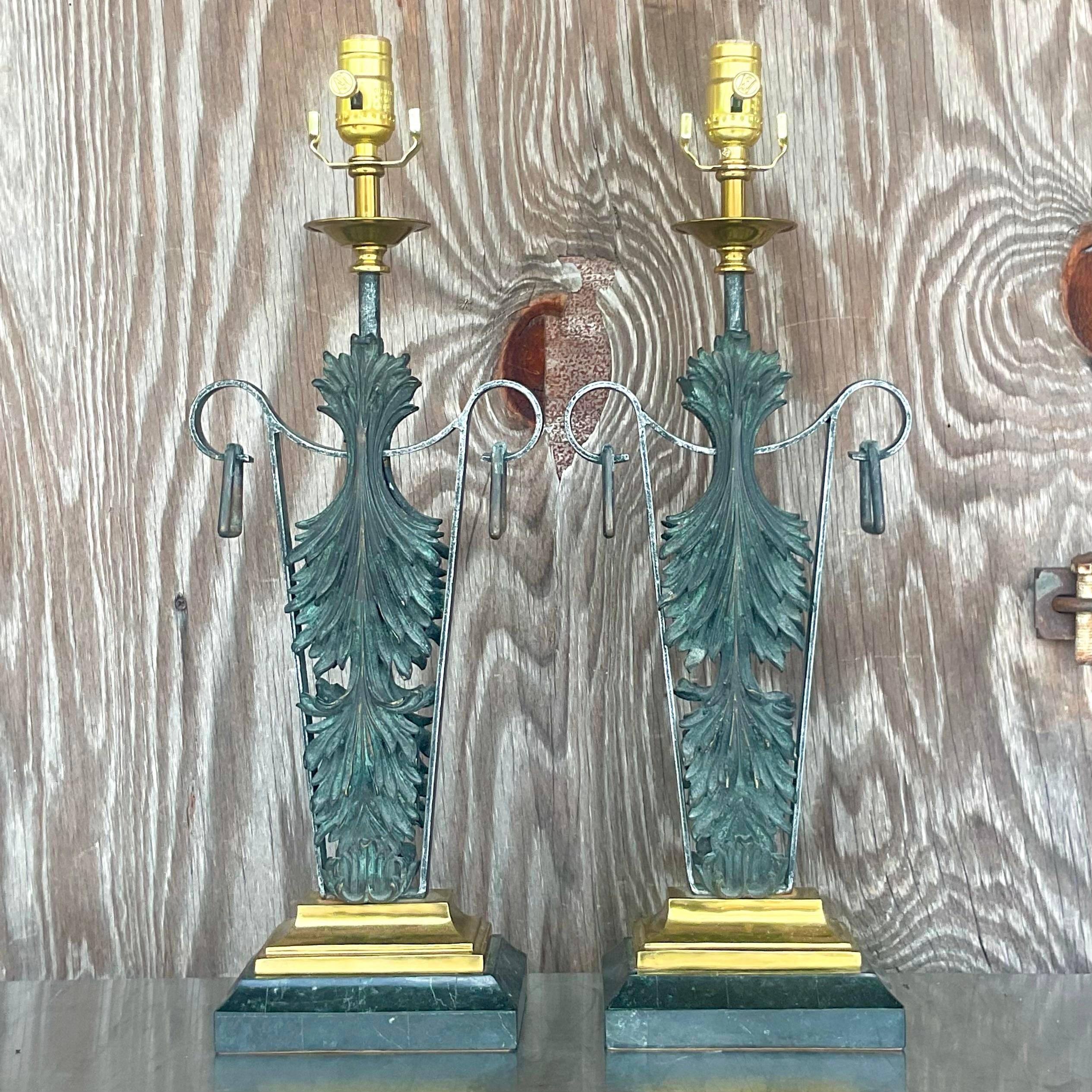 Vintage Boho Maitland Smith Patinated Fleur De Lys Lamps - a Pair In Good Condition For Sale In west palm beach, FL