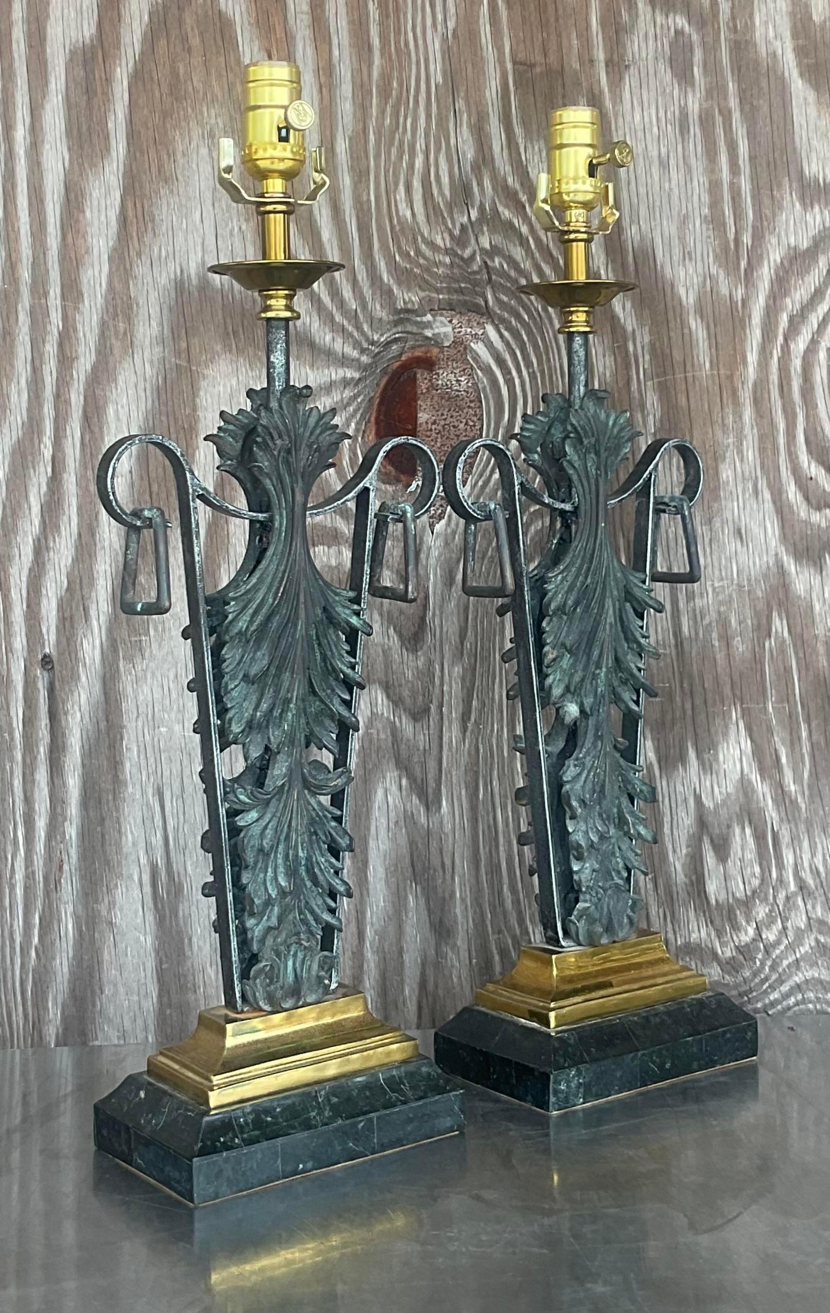 20th Century Vintage Boho Maitland Smith Patinated Fleur De Lys Lamps - a Pair For Sale