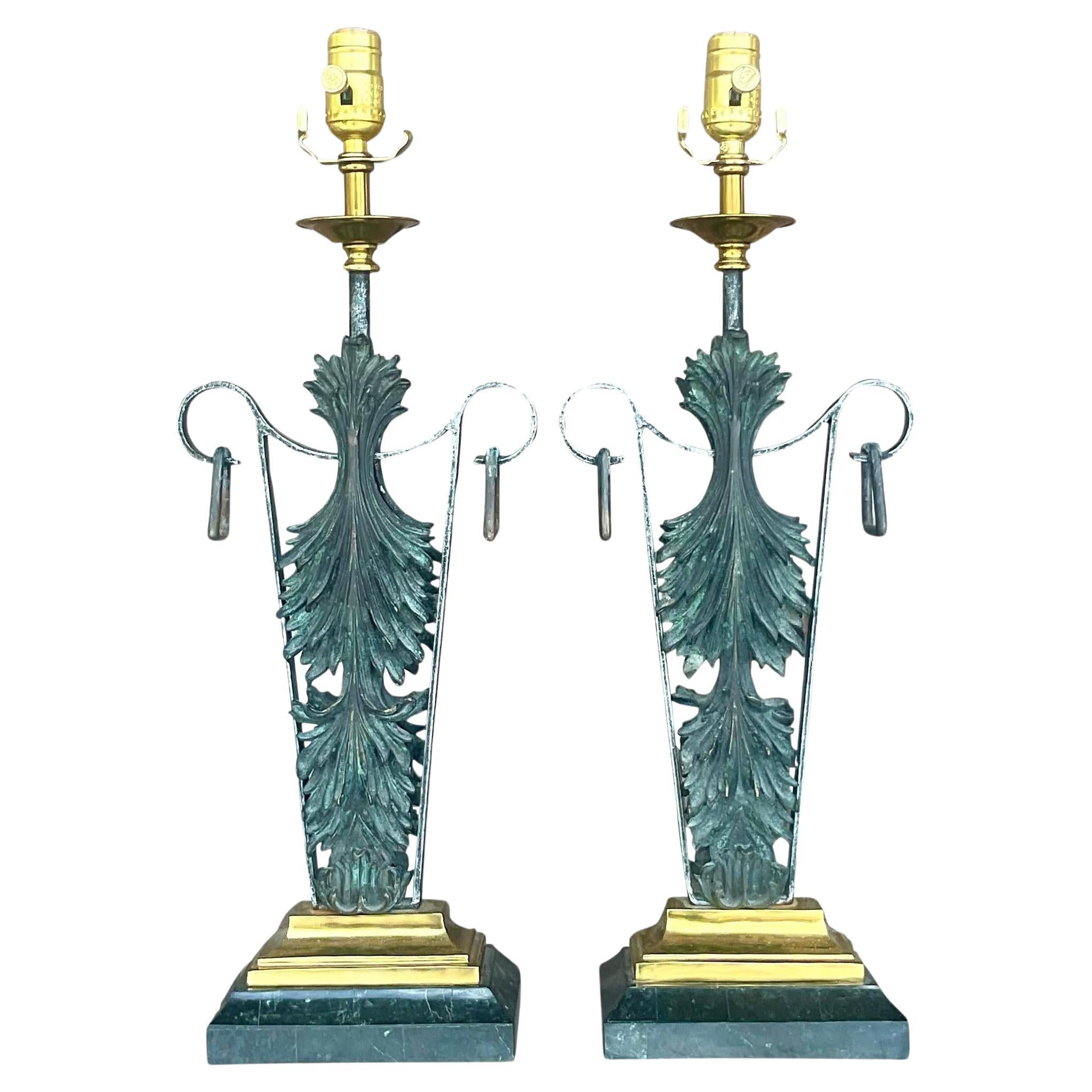 Vintage Boho Maitland Smith Patinated Fleur De Lys Lamps - a Pair For Sale