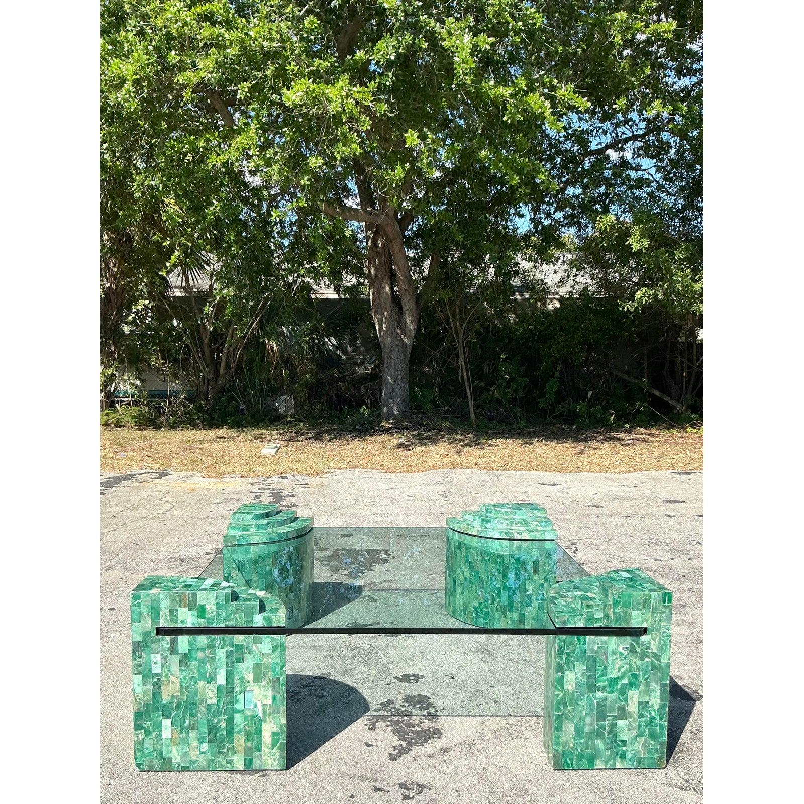 Table basse vintage Boho Maitland Smith tessellée en marbre vert en vente 4