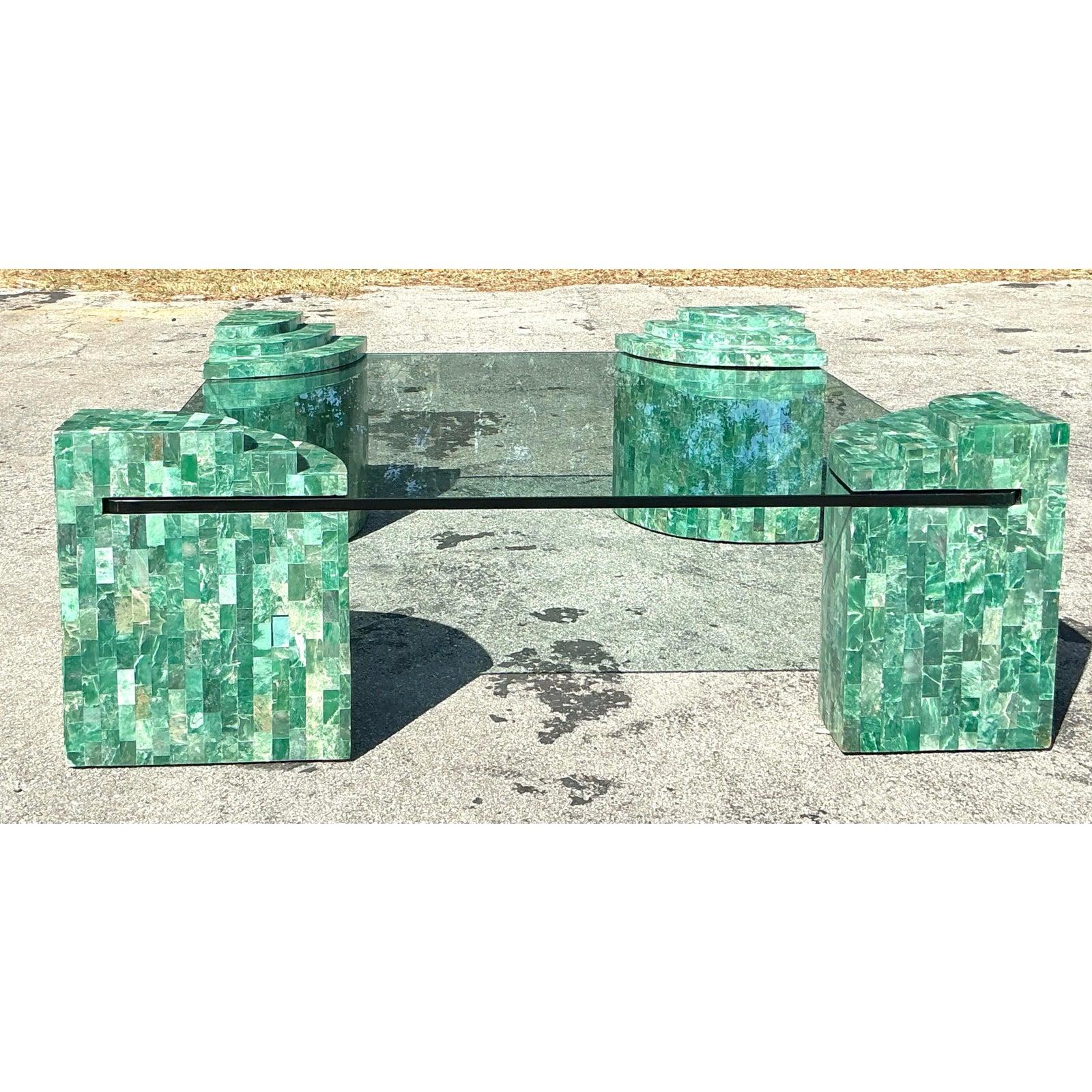 Table basse vintage Boho Maitland Smith tessellée en marbre vert en vente 5