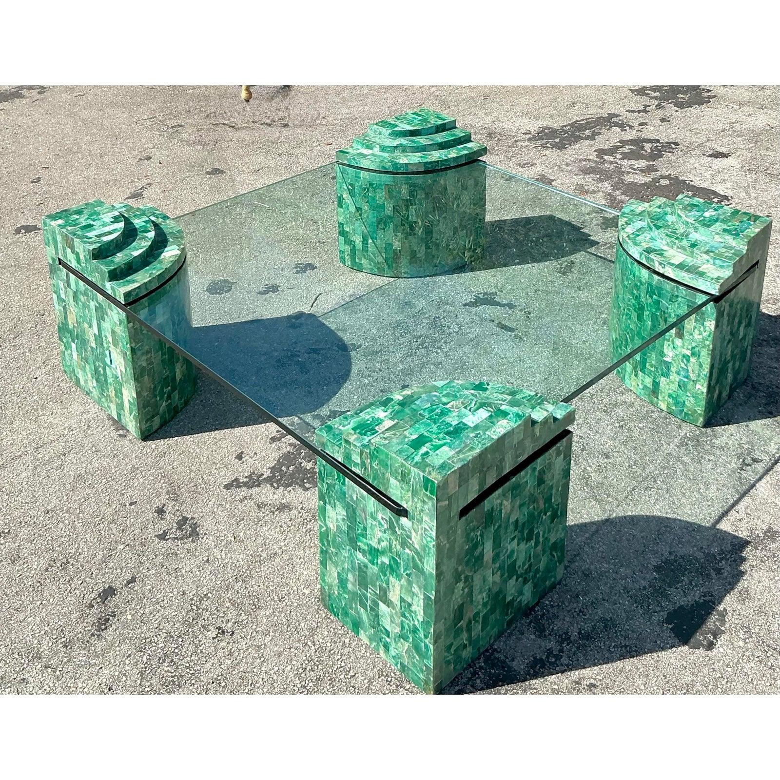 Philippin Table basse vintage Boho Maitland Smith tessellée en marbre vert en vente