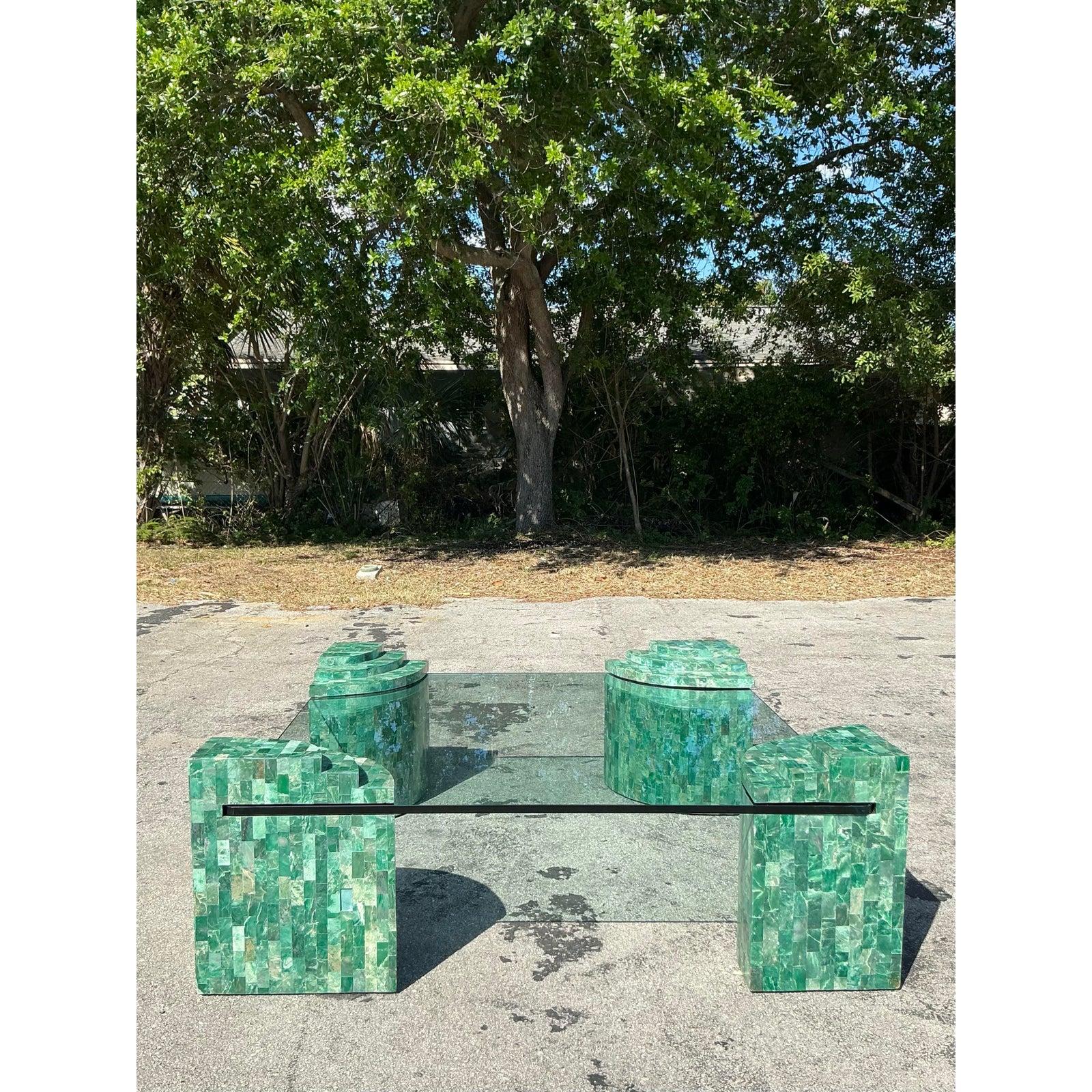 Table basse vintage Boho Maitland Smith tessellée en marbre vert Bon état - En vente à West Palm Beach, FL
