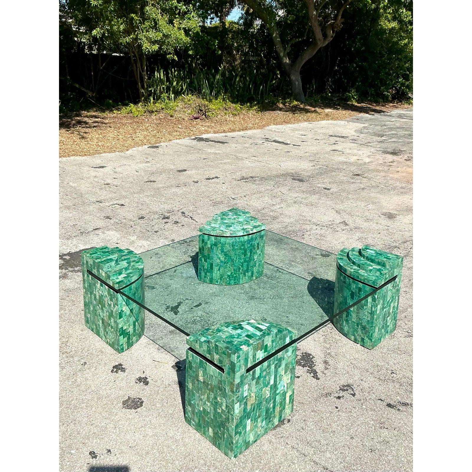 Table basse vintage Boho Maitland Smith tessellée en marbre vert en vente 1