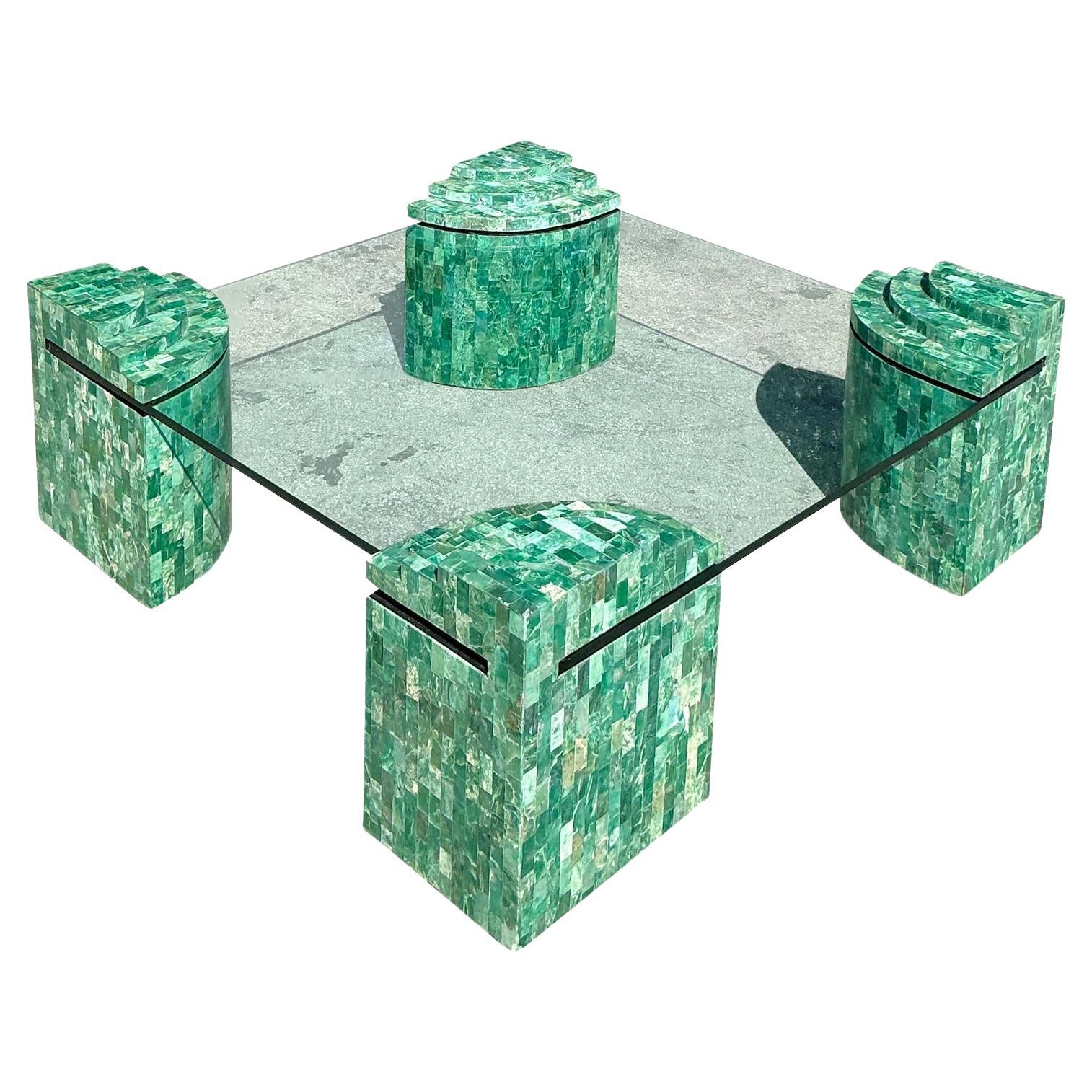 Vintage Boho Maitland Smith Tessellated Green Marble Coffee Table