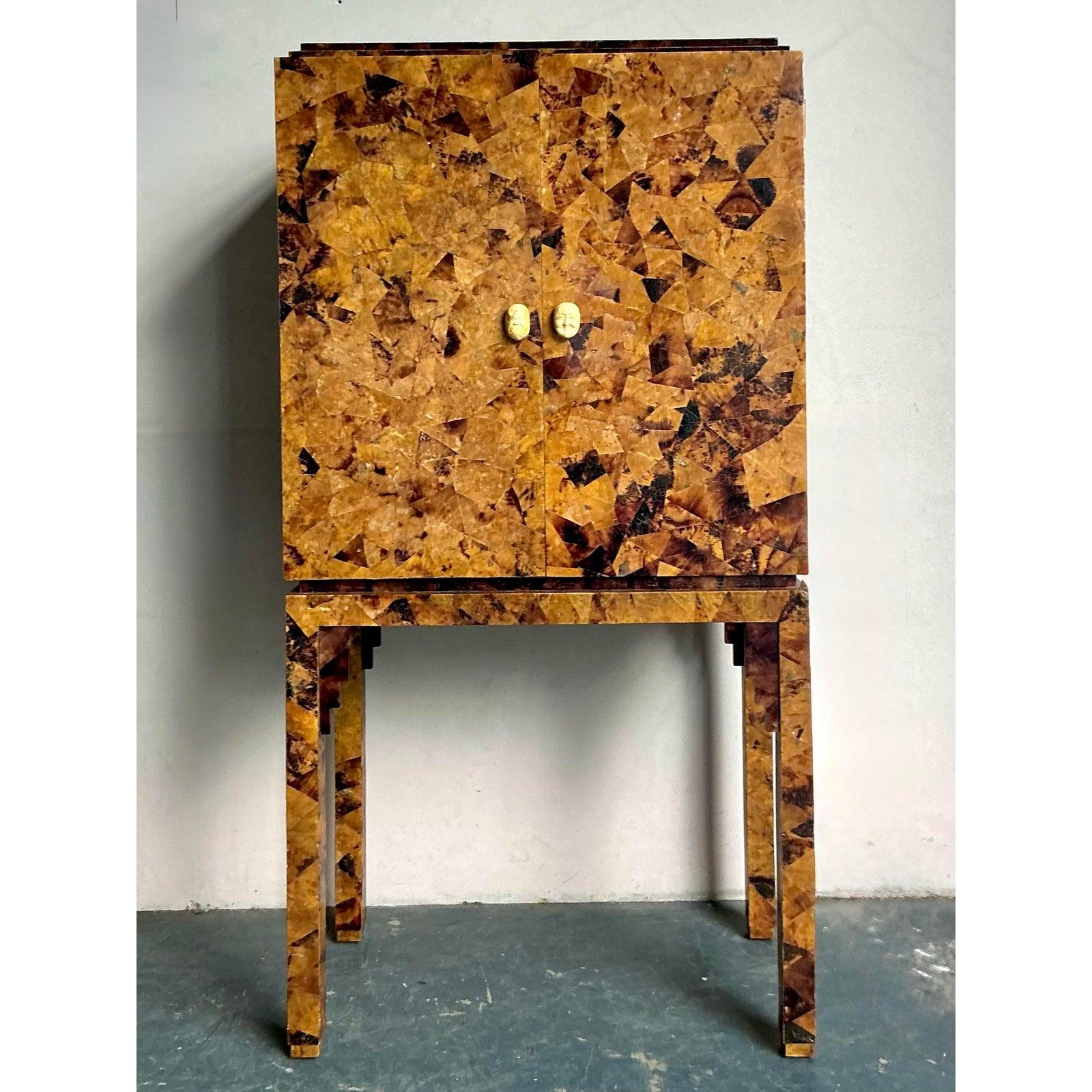 Philippine Vintage Boho Maitland Smith Tessellated PenShell Dry Bar For Sale