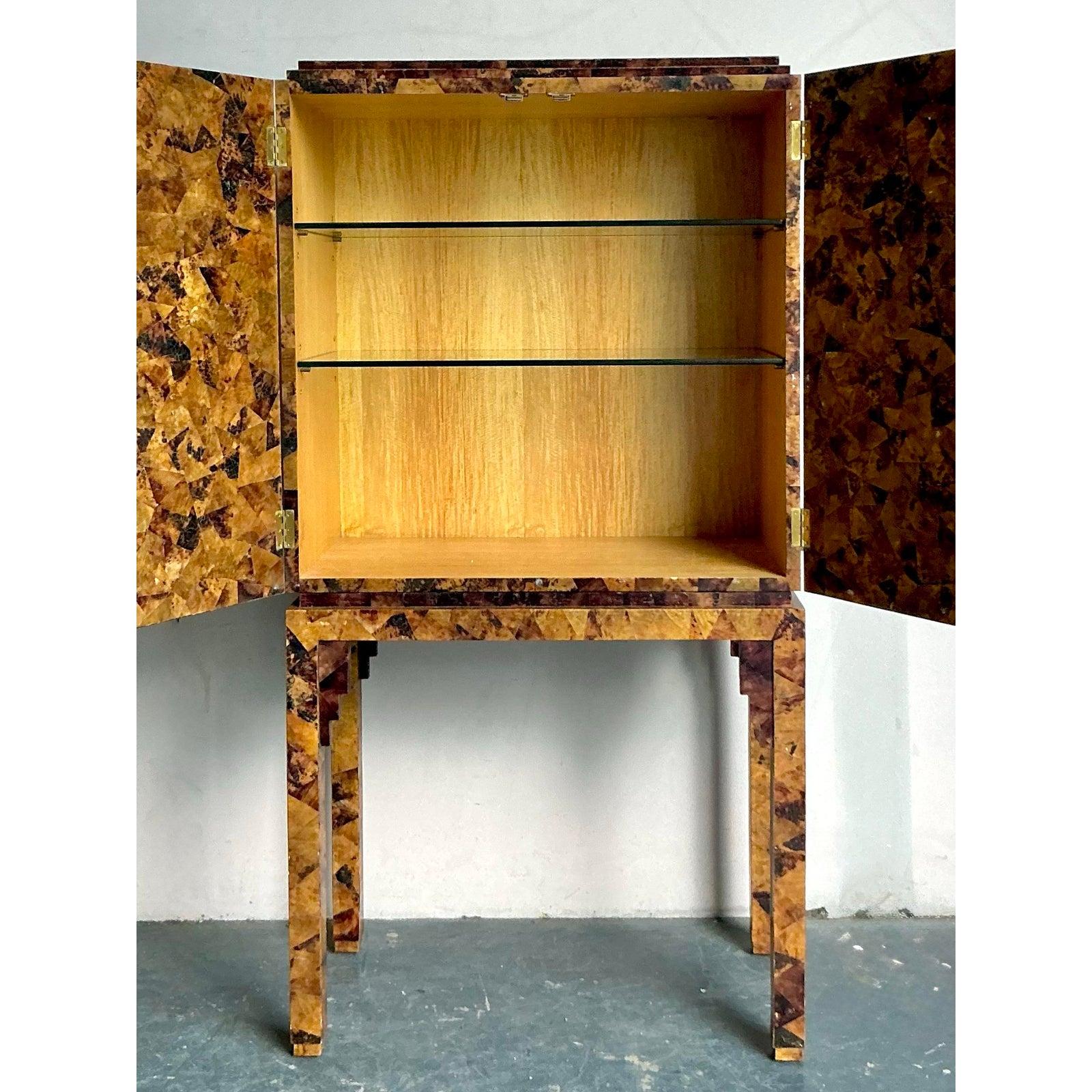 Brass Vintage Boho Maitland Smith Tessellated PenShell Dry Bar For Sale