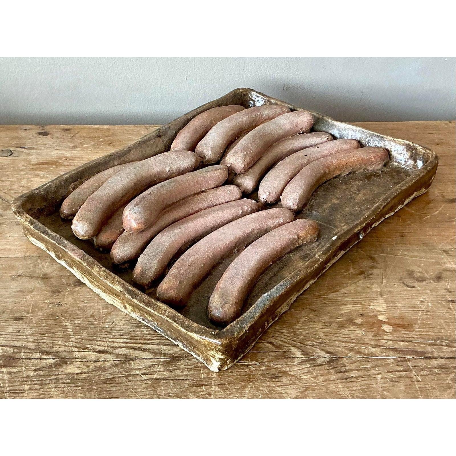 Folk Art Vintage Boho Majolica Ceramic Tray of Sausages For Sale
