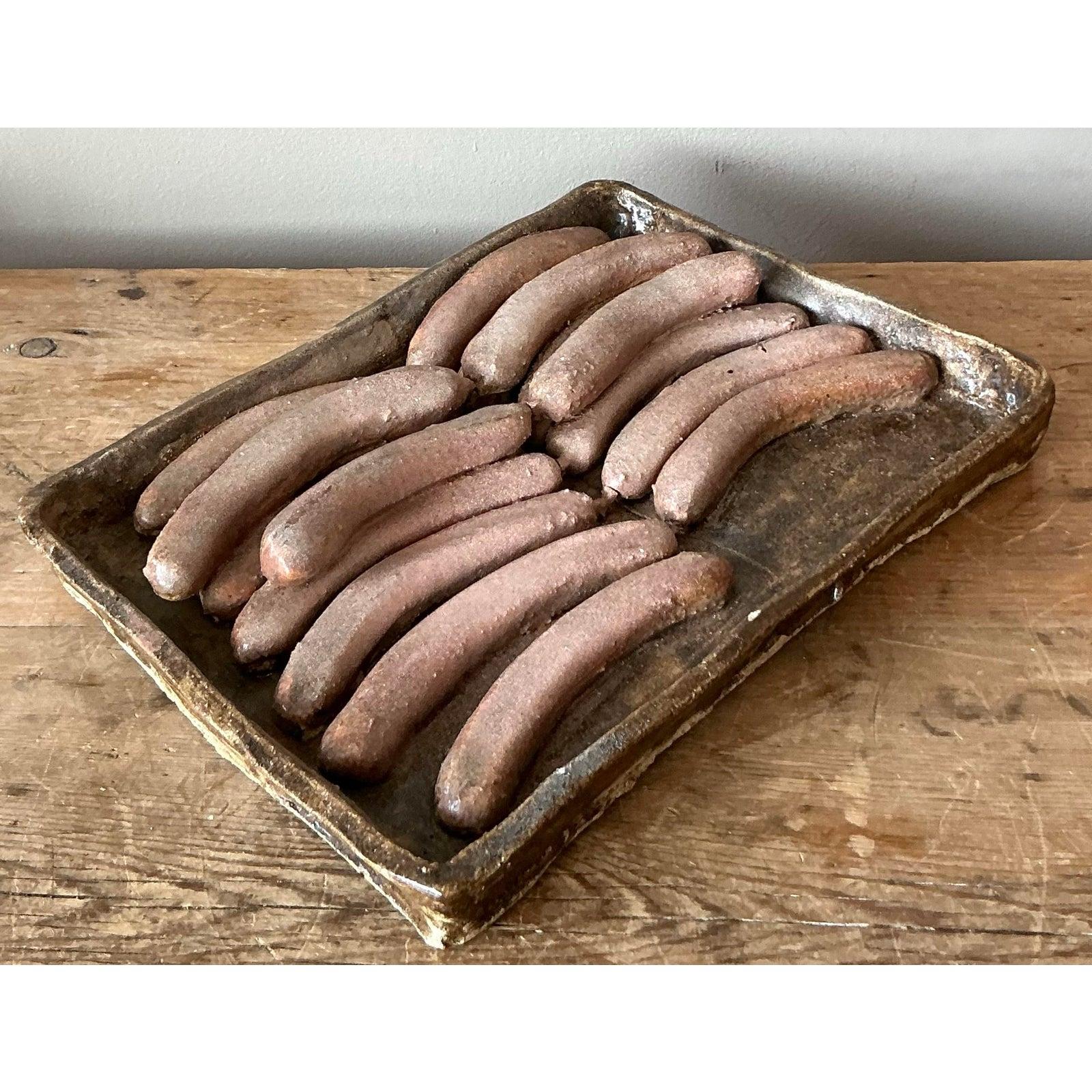 Italian Vintage Boho Majolica Ceramic Tray of Sausages For Sale