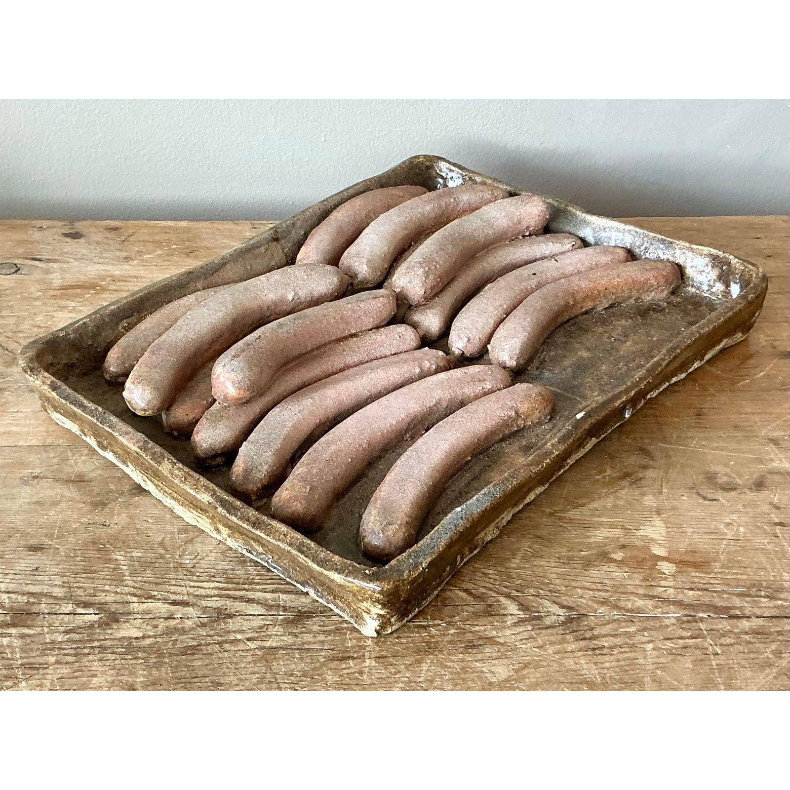 Vintage Boho Majolica Ceramic Tray of Sausages In Good Condition For Sale In West Palm Beach, FL