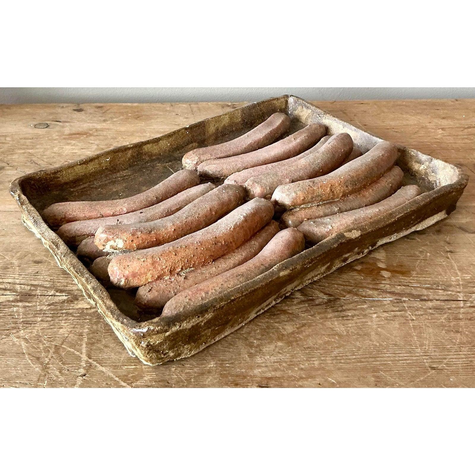 Earthenware Vintage Boho Majolica Ceramic Tray of Sausages For Sale