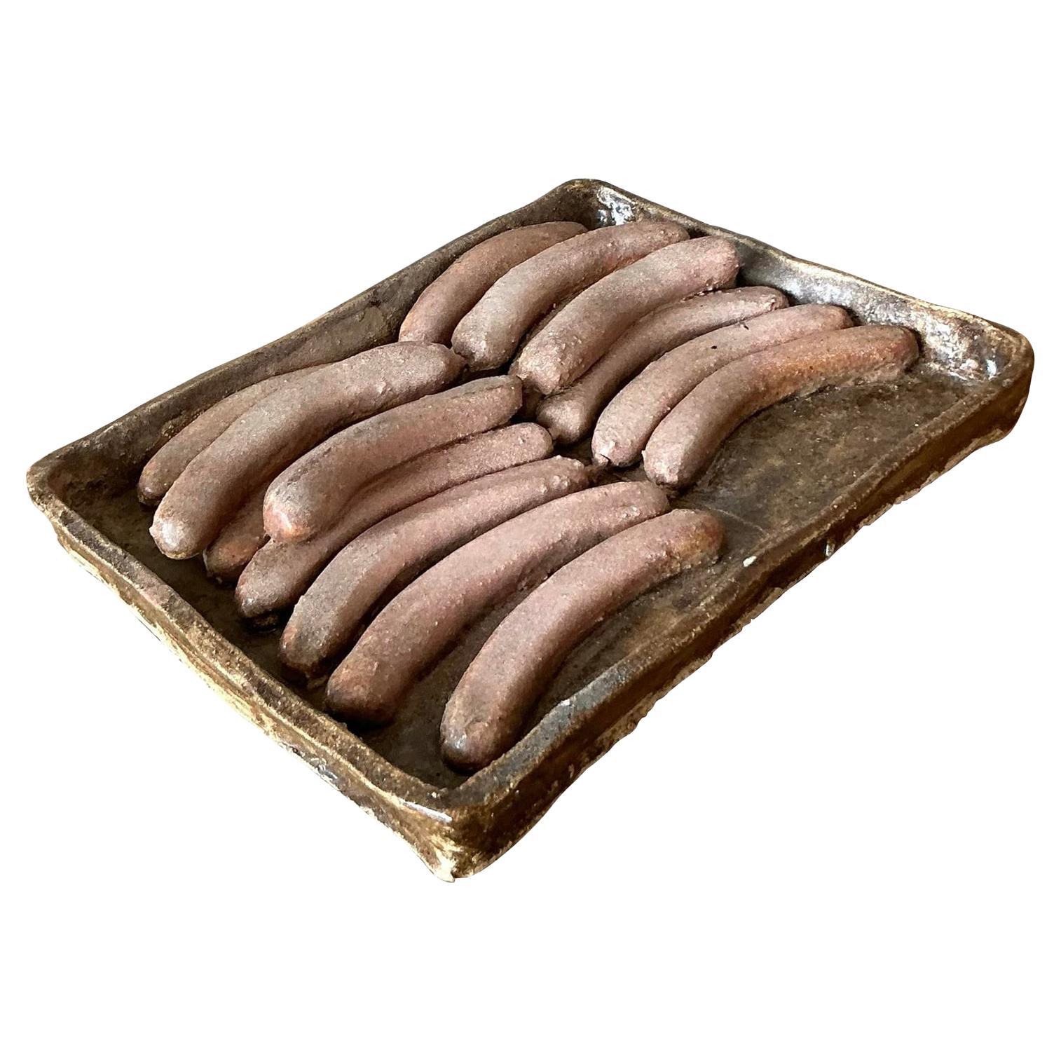 Vintage Boho Majolica Ceramic Tray of Sausages For Sale