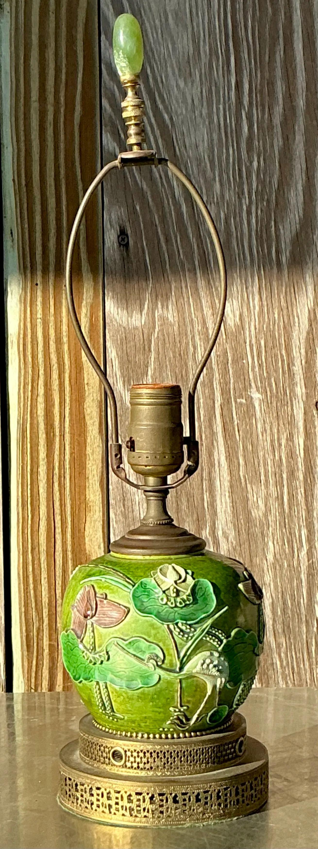 American Vintage Boho Majolica Desk Lamp For Sale