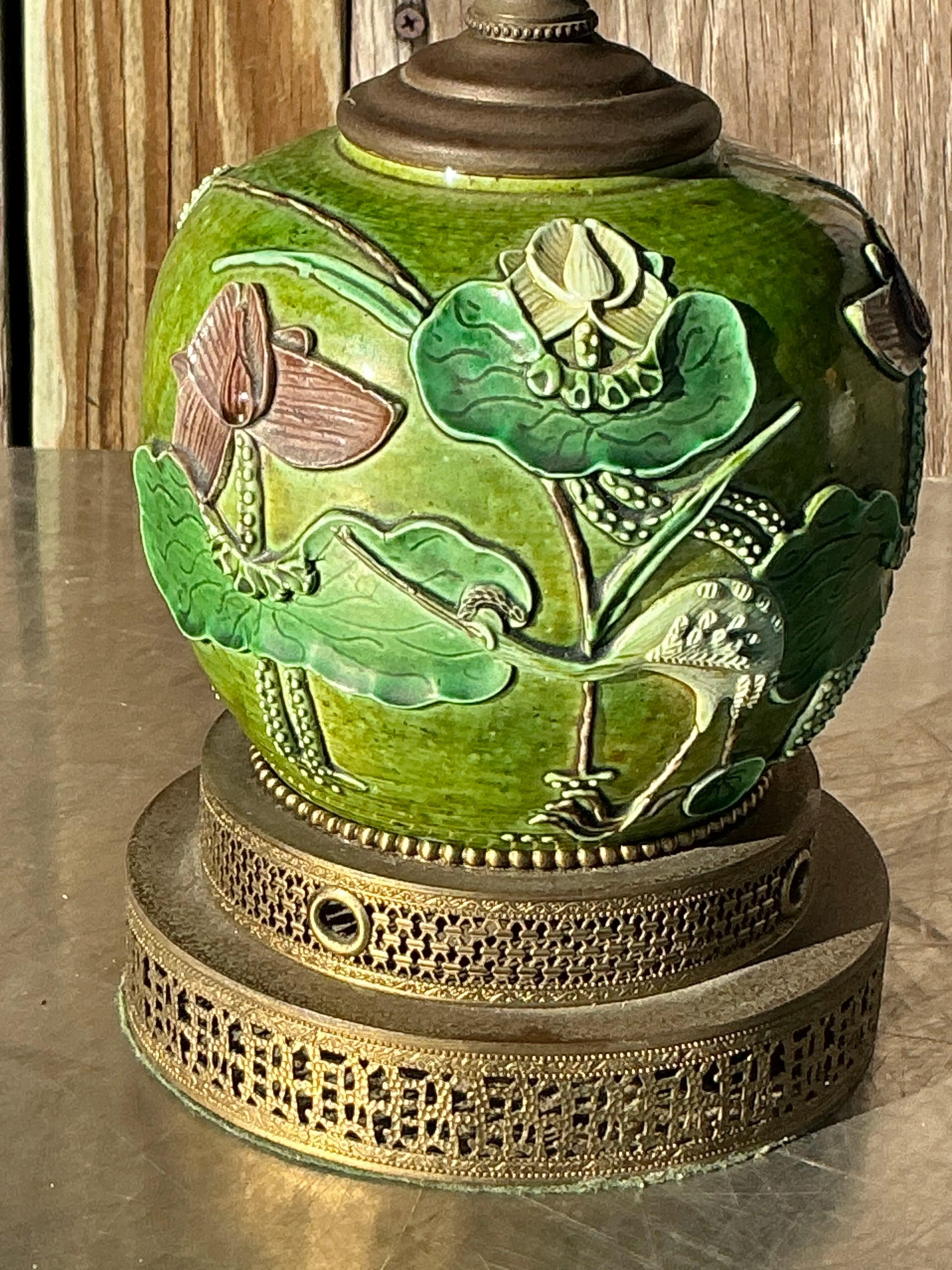 Vintage Boho Majolica Desk Lamp In Good Condition For Sale In West Palm Beach, FL
