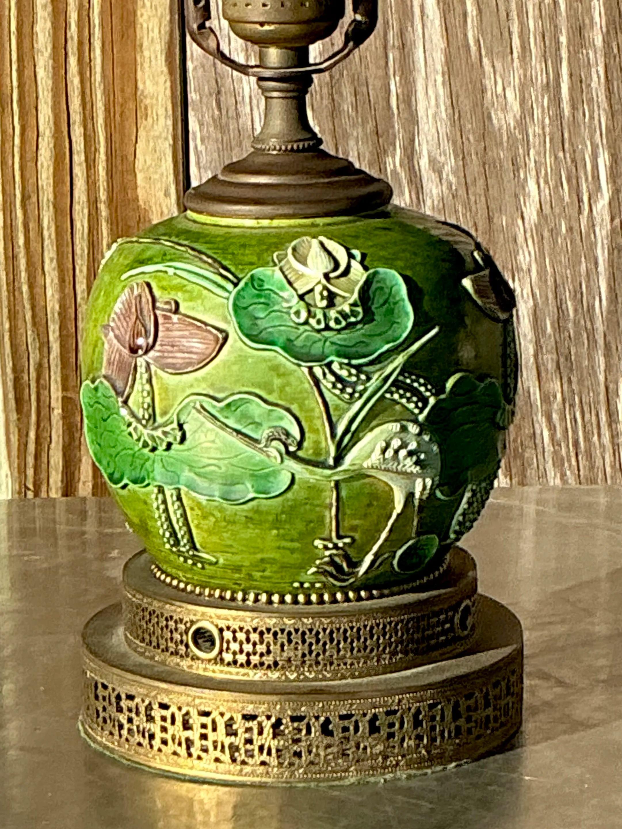 Metal Vintage Boho Majolica Desk Lamp For Sale