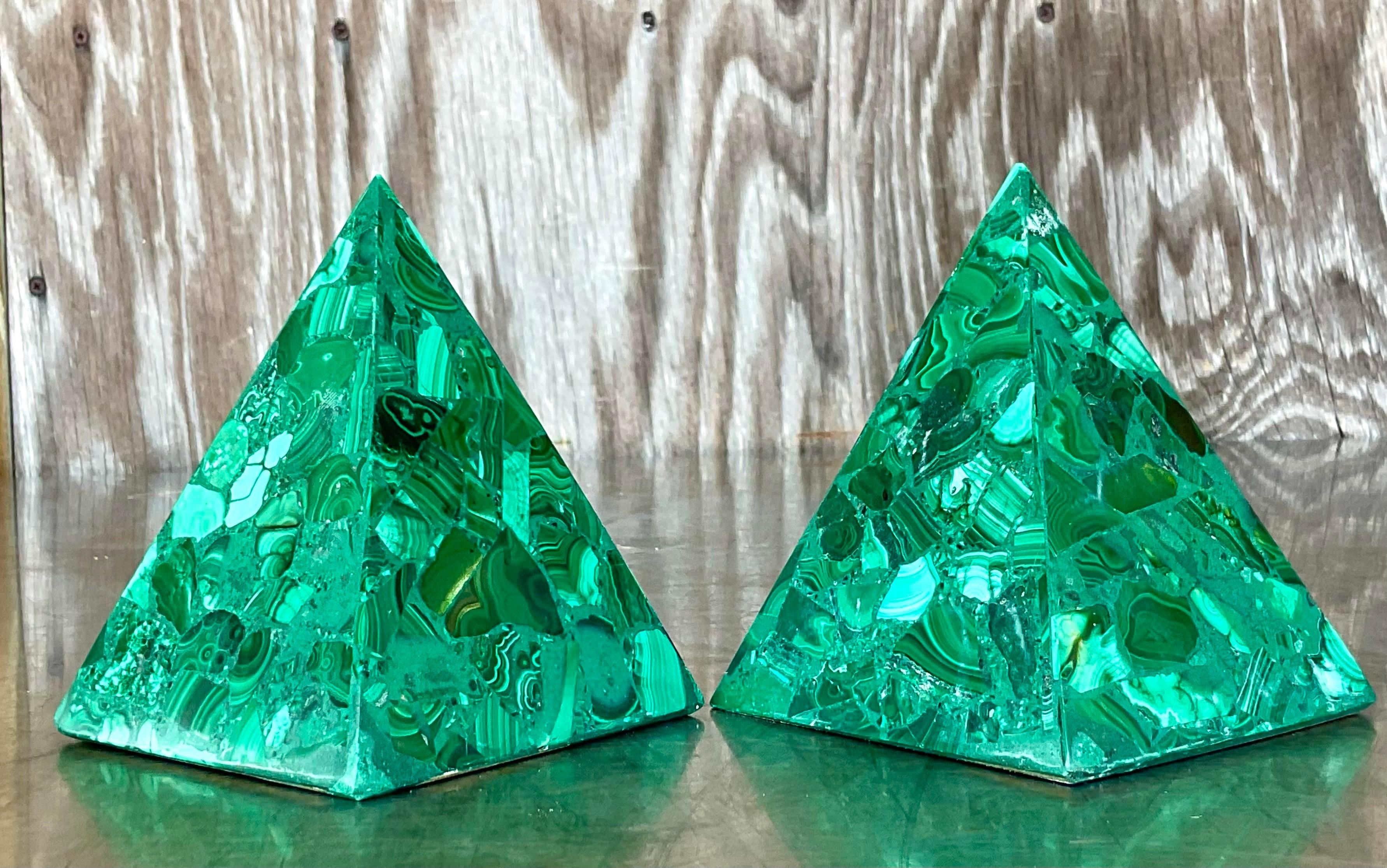 Vintage Boho Malachite Pyramids- a Pair In Good Condition For Sale In west palm beach, FL