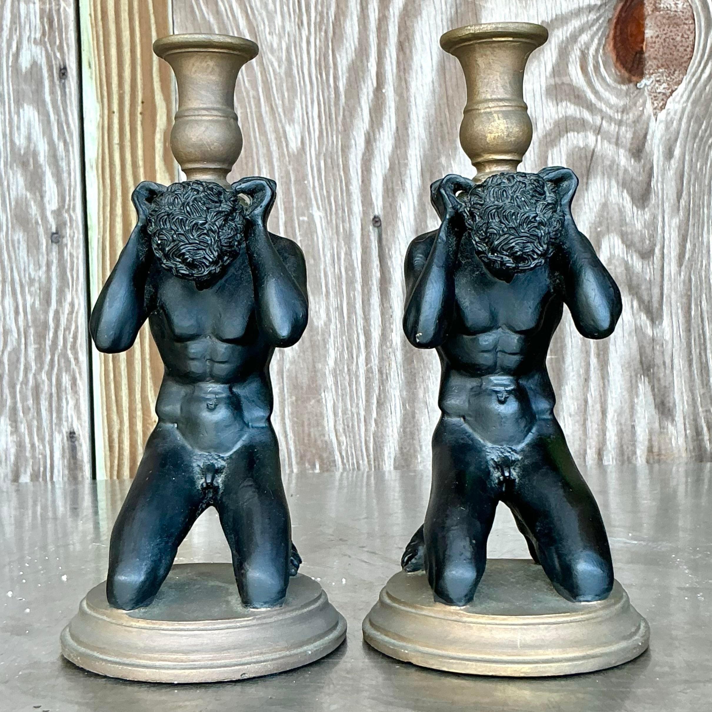 Hollywood Regency Bougeoirs Vintage Boho à figure masculine - une paire en vente