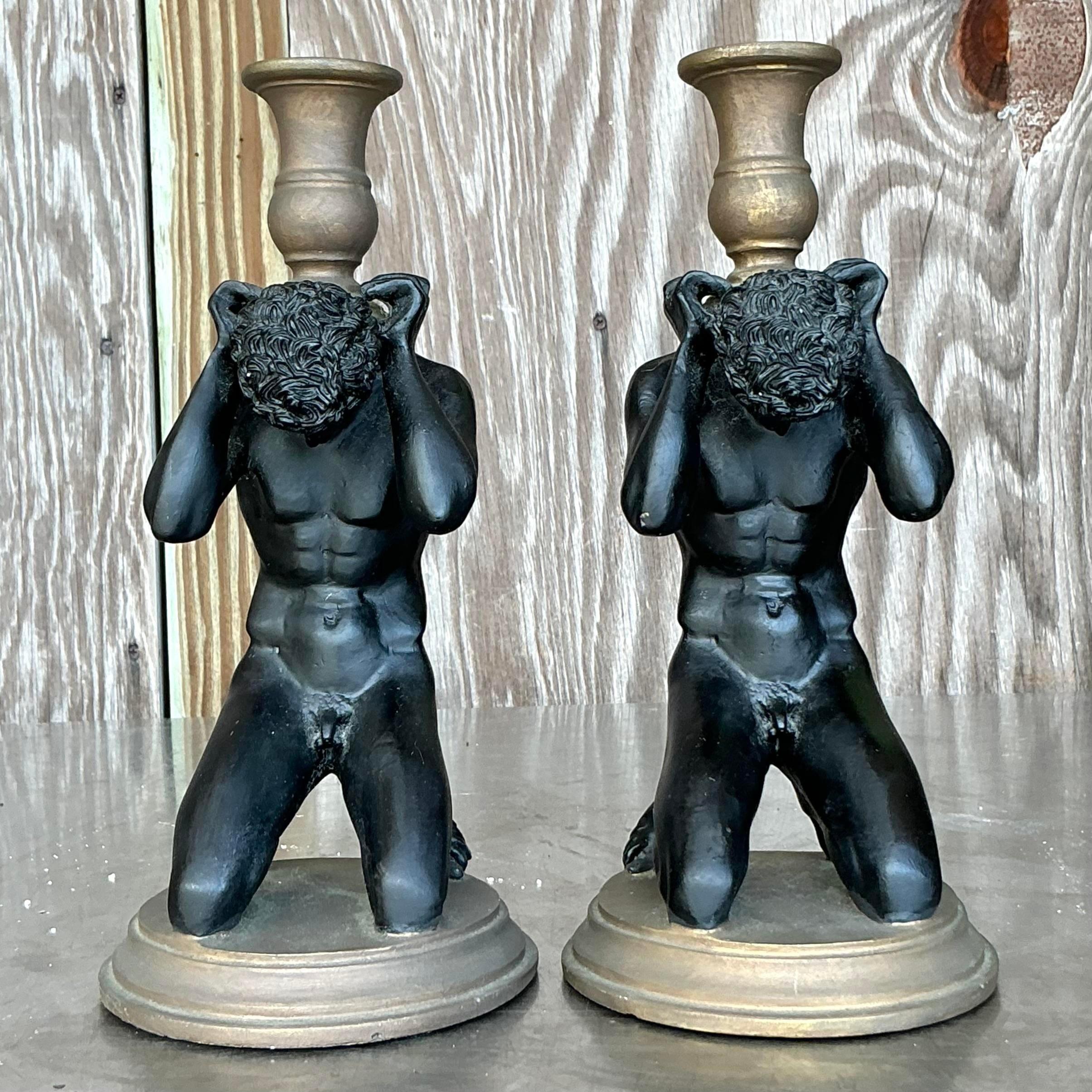 Américain Bougeoirs Vintage Boho à figure masculine - une paire en vente