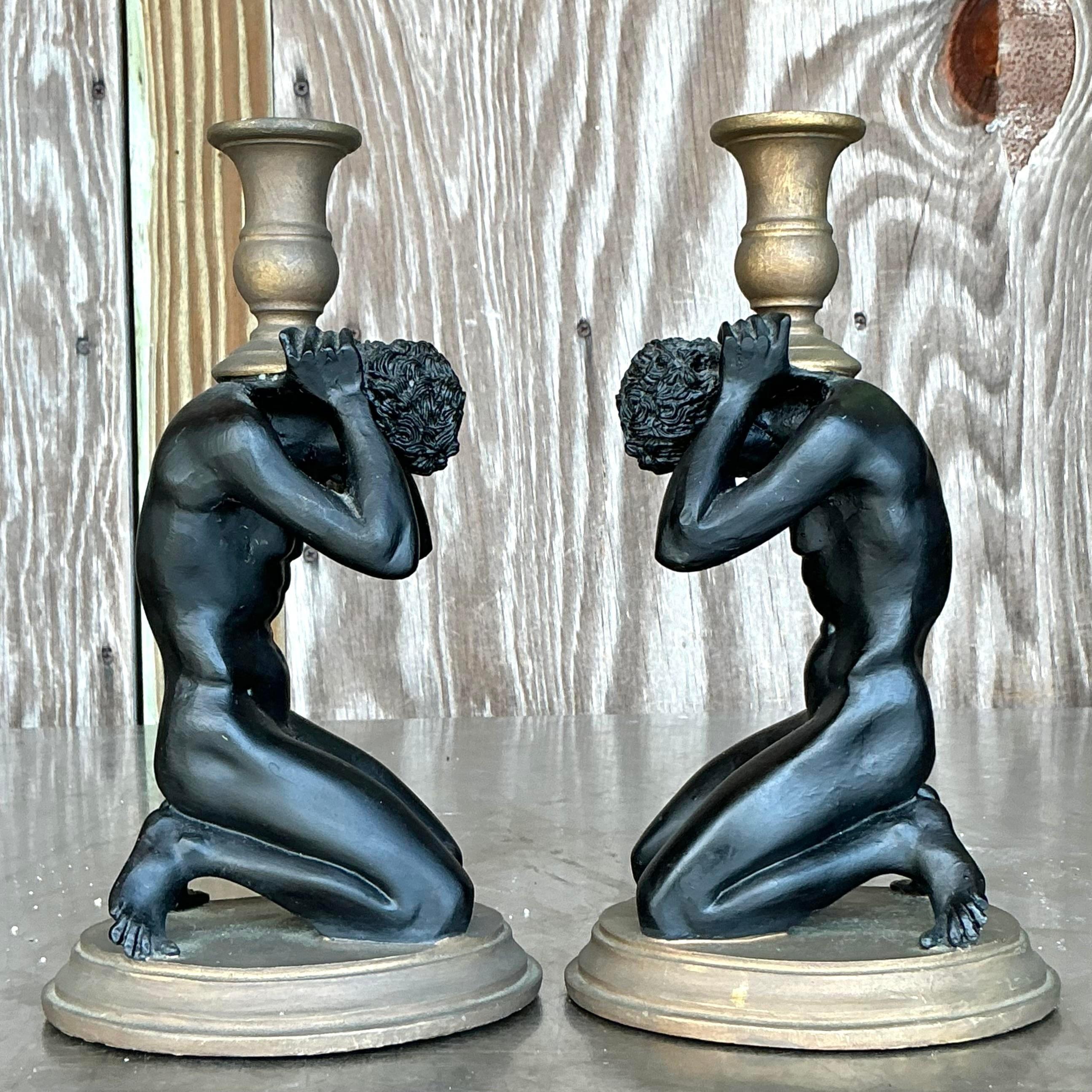 Bougeoirs Vintage Boho à figure masculine - une paire Bon état - En vente à west palm beach, FL