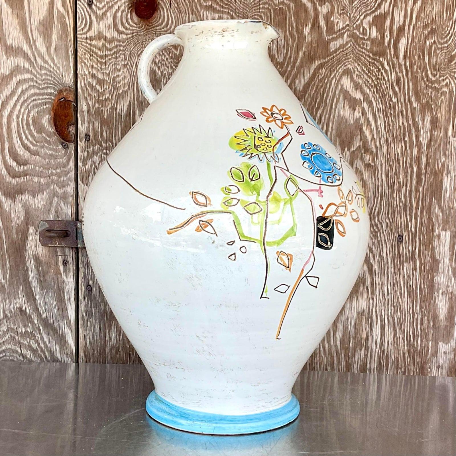 Vintage Boho Manlio Barcosi Italian Pottery Jug In Good Condition For Sale In west palm beach, FL
