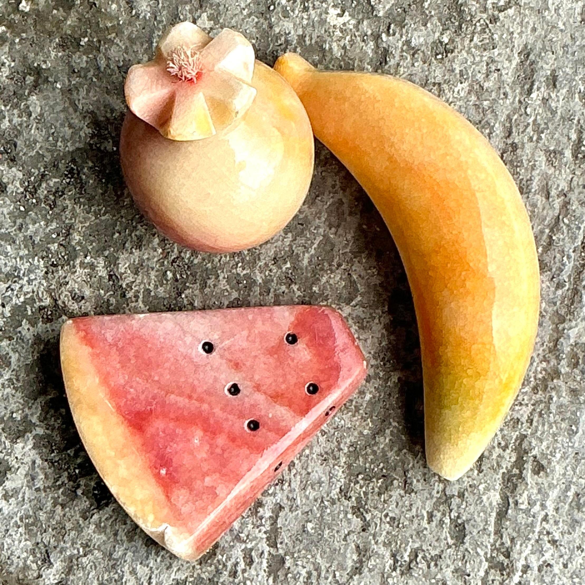 Vintage Boho Marble Fruit - Set of 3 In Good Condition In West Palm Beach, FL