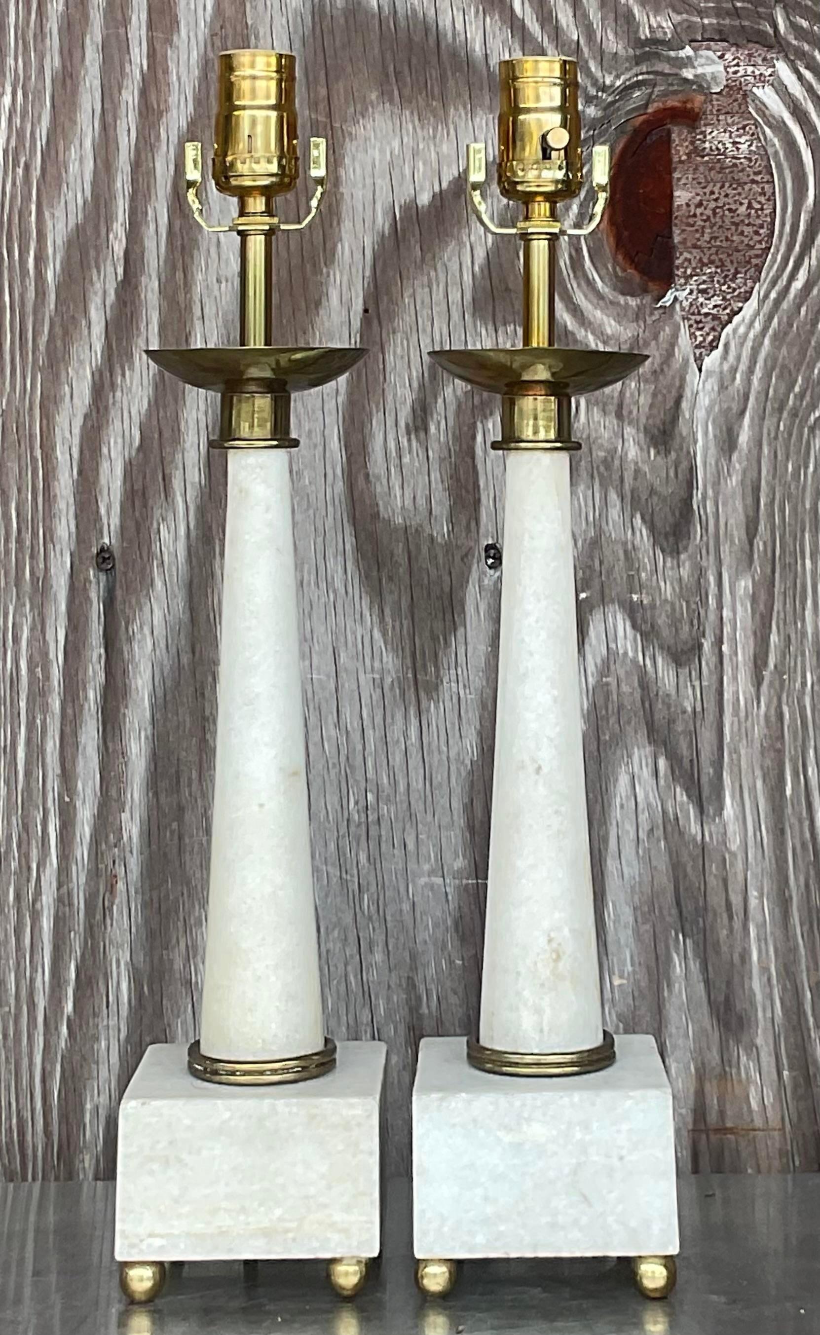 Brass Vintage Boho Marble Lamps After Tommi Parzinger - a Pair For Sale