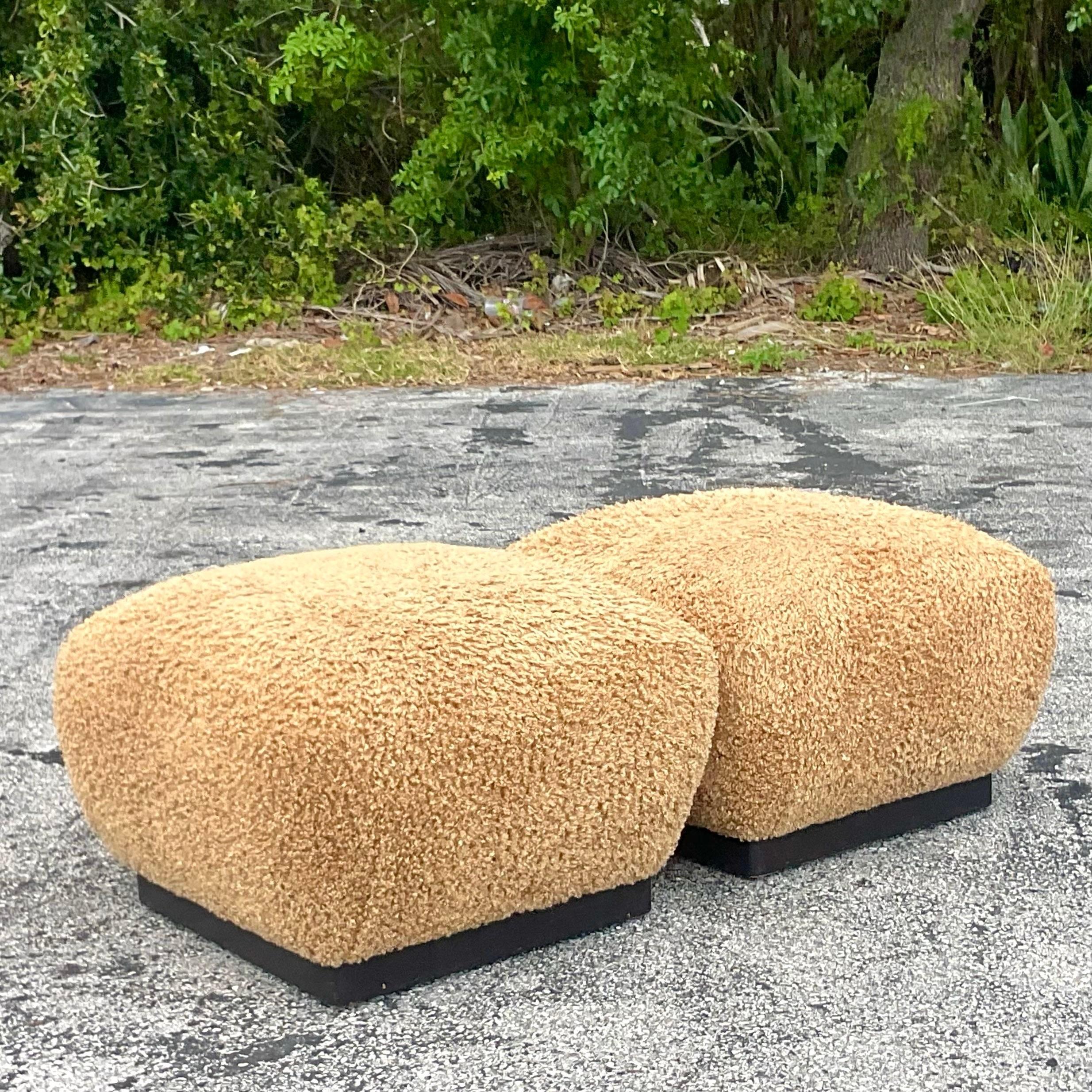Vintage Boho Marge Carson Boucle Ottomans - a Pair In Good Condition For Sale In west palm beach, FL
