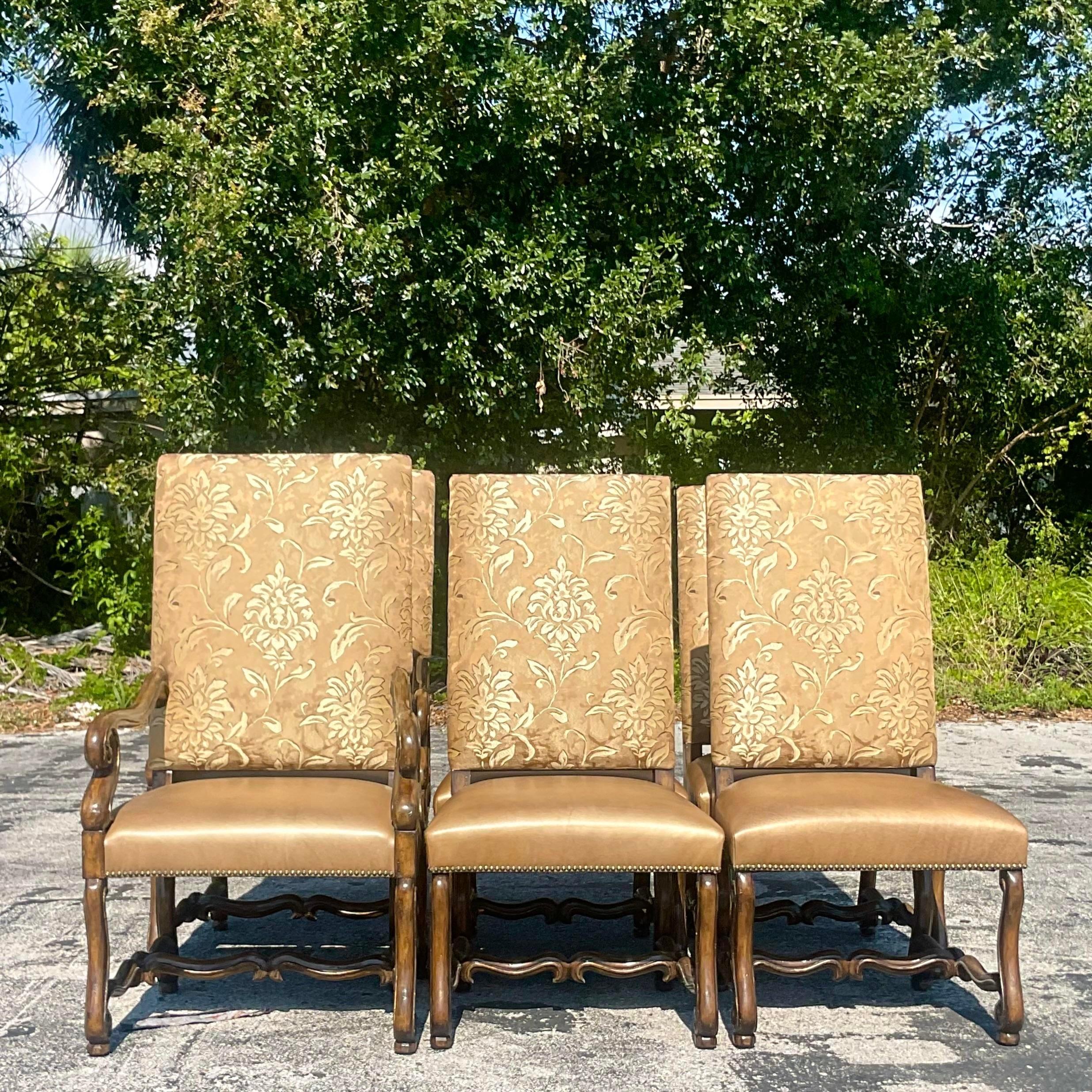 Vintage Boho Marge Carson’s High Back Leather and Brocade Dining Chairs, Set of 5