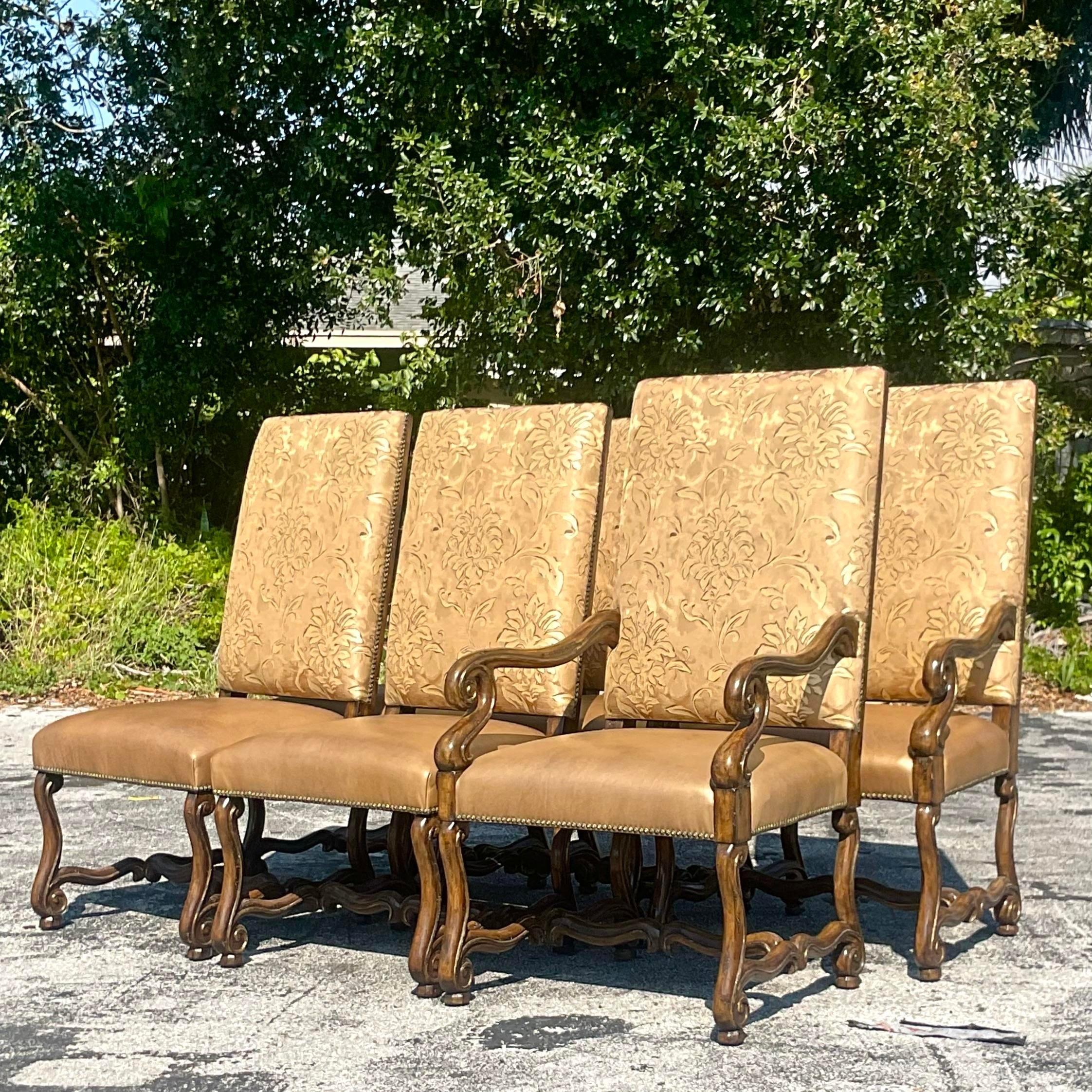 Vintage Boho Marge Carson’s High Back Leather and Brocade Dining Chairs, Set of 6