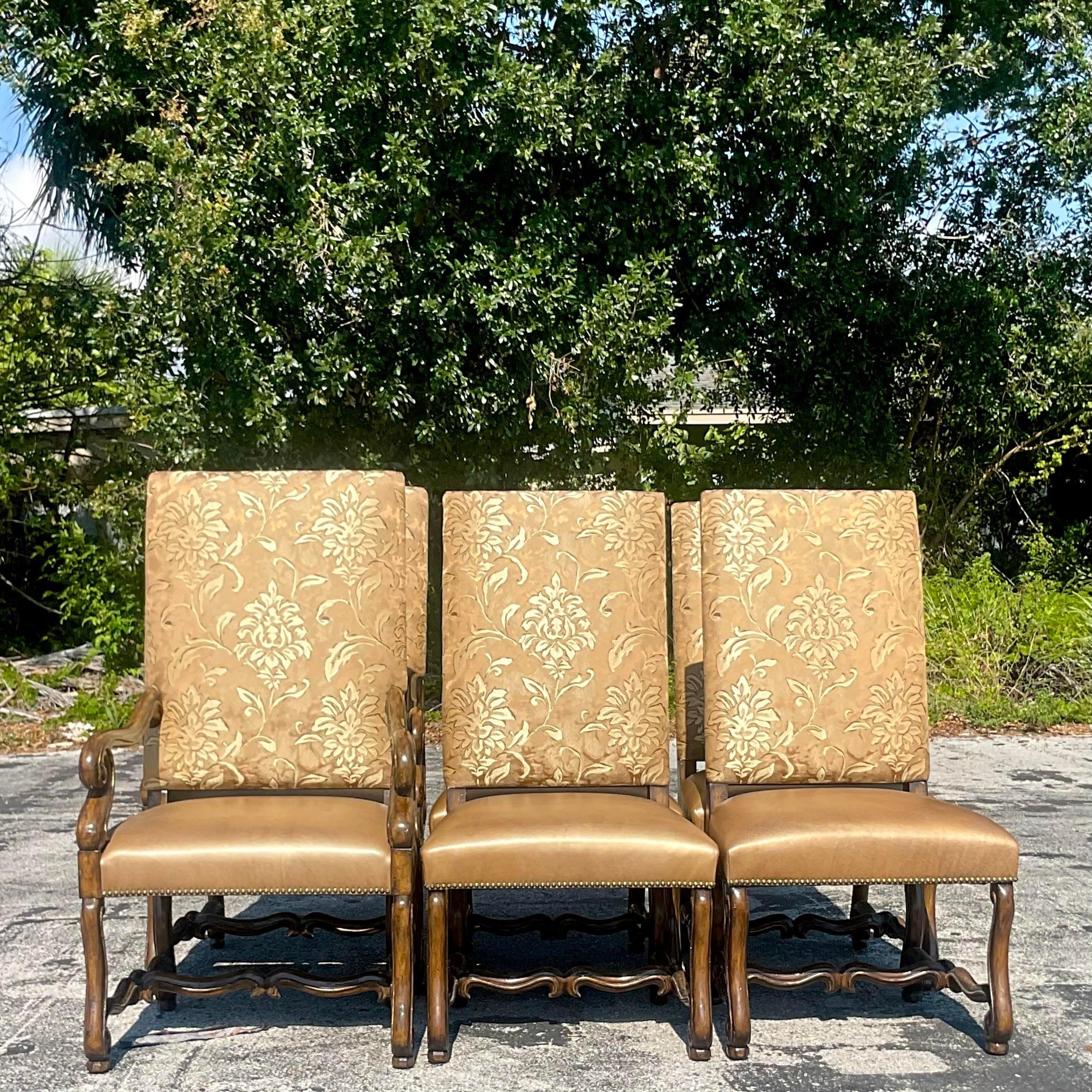 Vintage Boho Marge Carson’s High Back Leather and Brocade Dining Chairs, Set of 7
