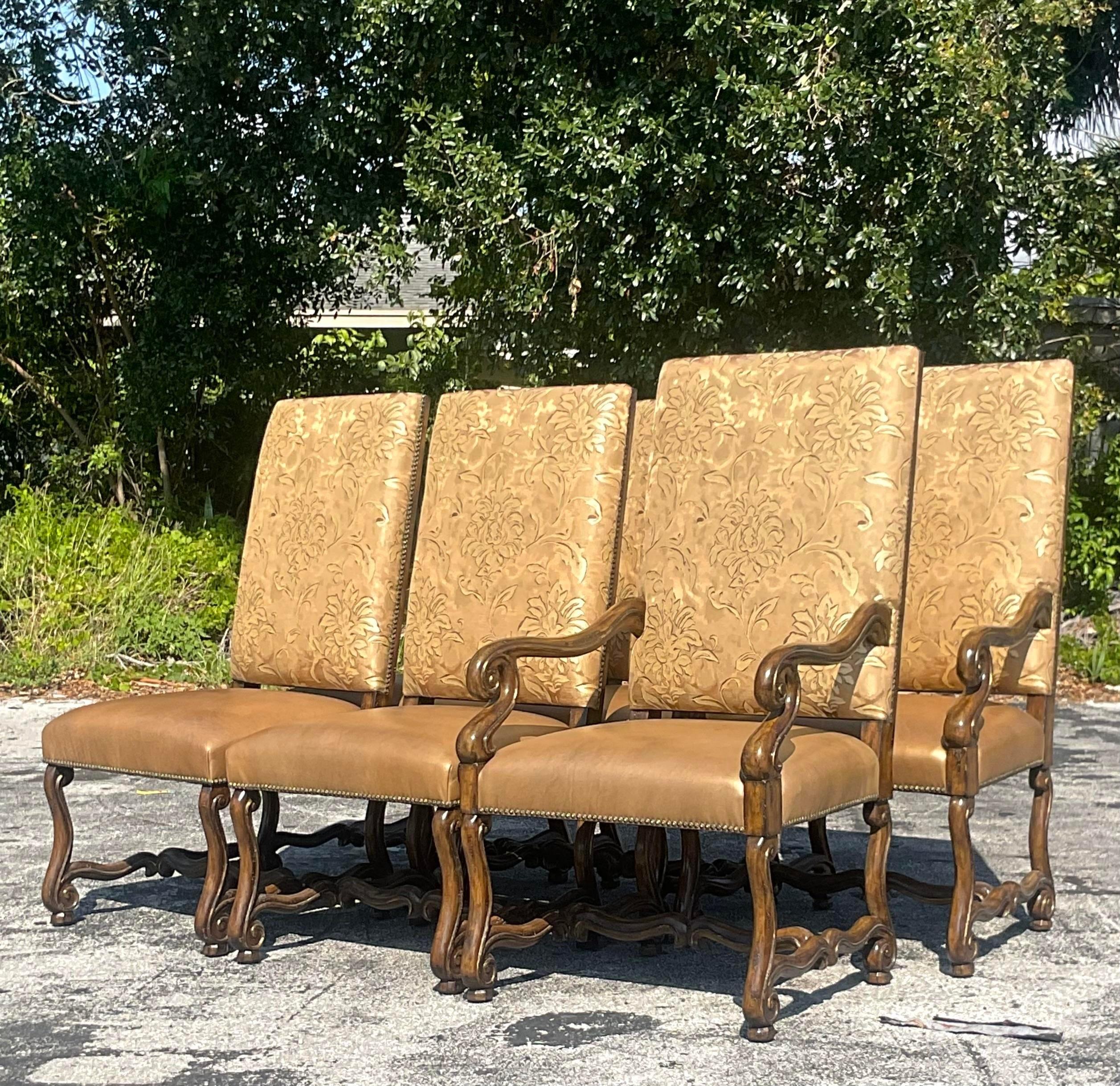 A fabulous vintage Boho set of six dining chairs. Made by the legendary Marge Carson group. Beautiful high back chairs with a lurex brocade and metallic leather seats. Acquired from a Palm Beach estate.

Arm chair width 23.75.