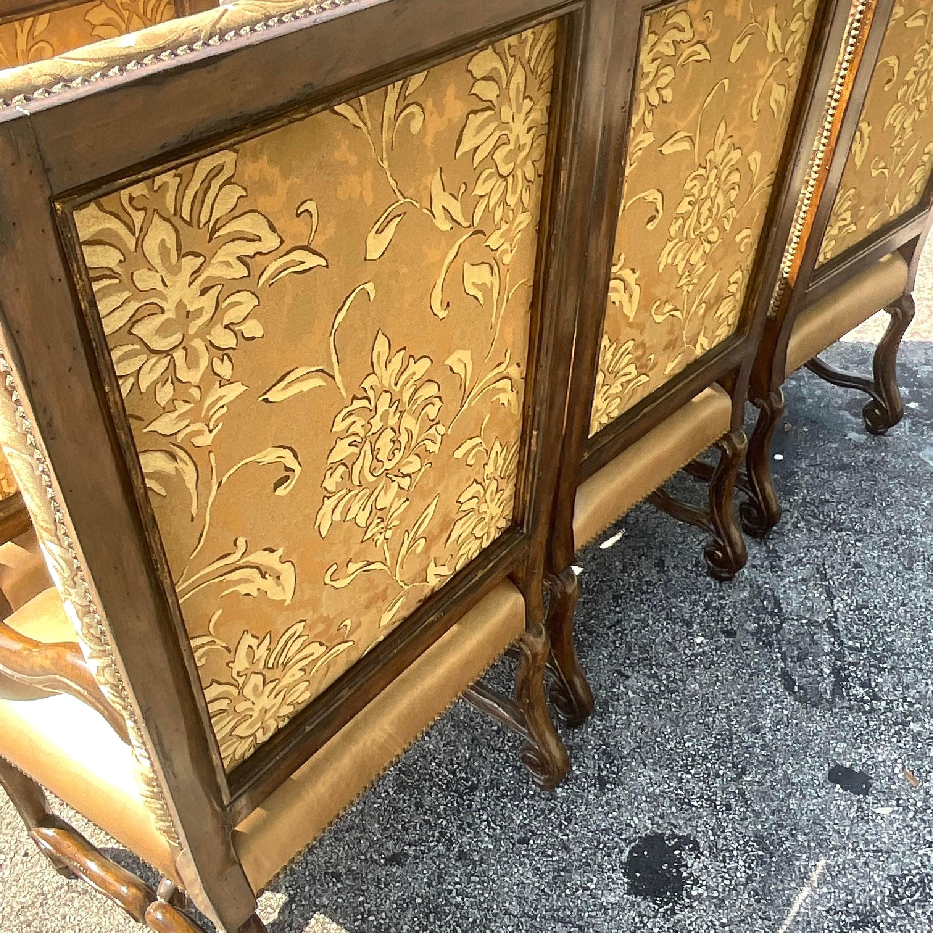 Vintage Boho Marge Carson’s High Back Leather and Brocade Dining Chairs, Set of In Good Condition In west palm beach, FL