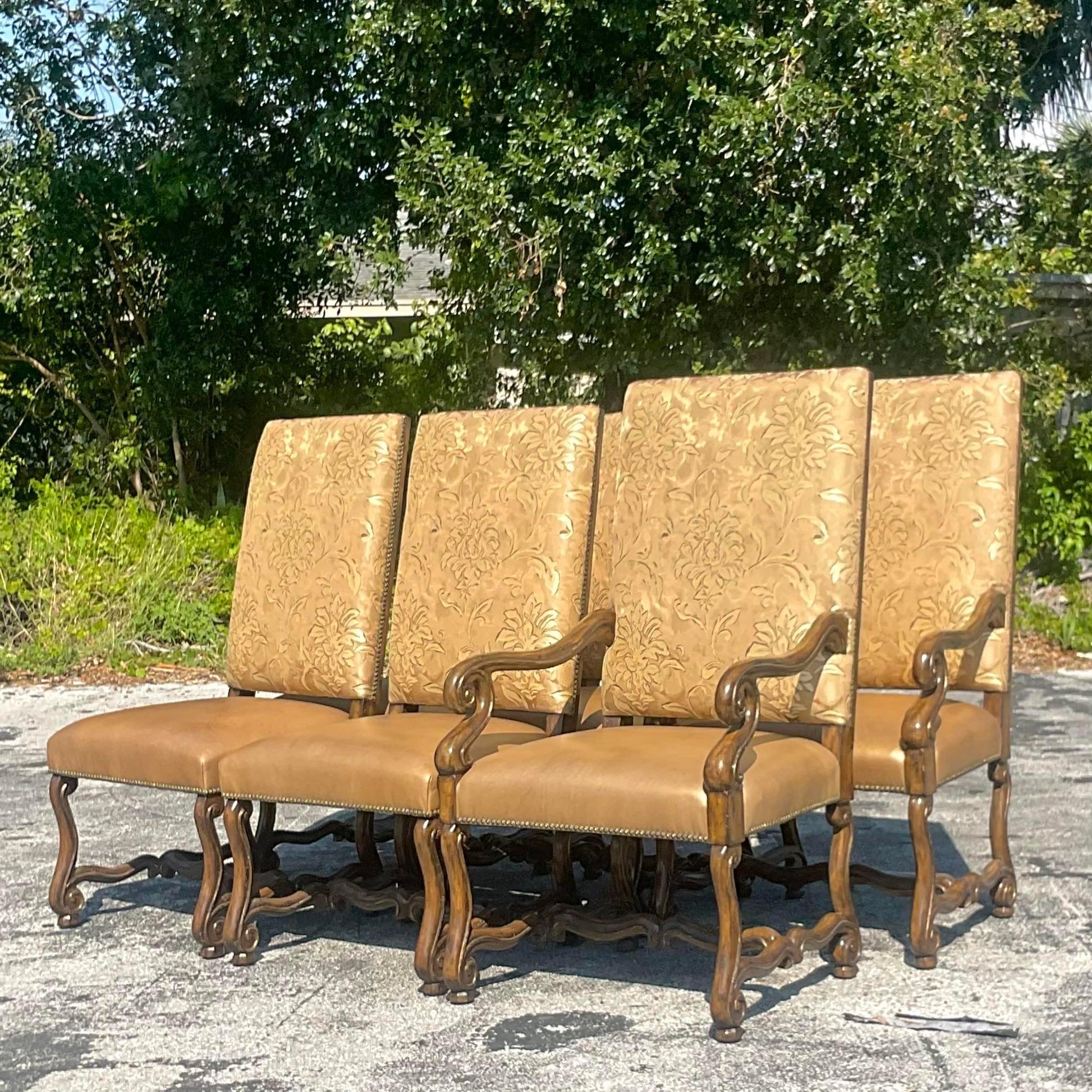 Vintage Boho Marge Carson’s High Back Leather and Brocade Dining Chairs, Set of 3