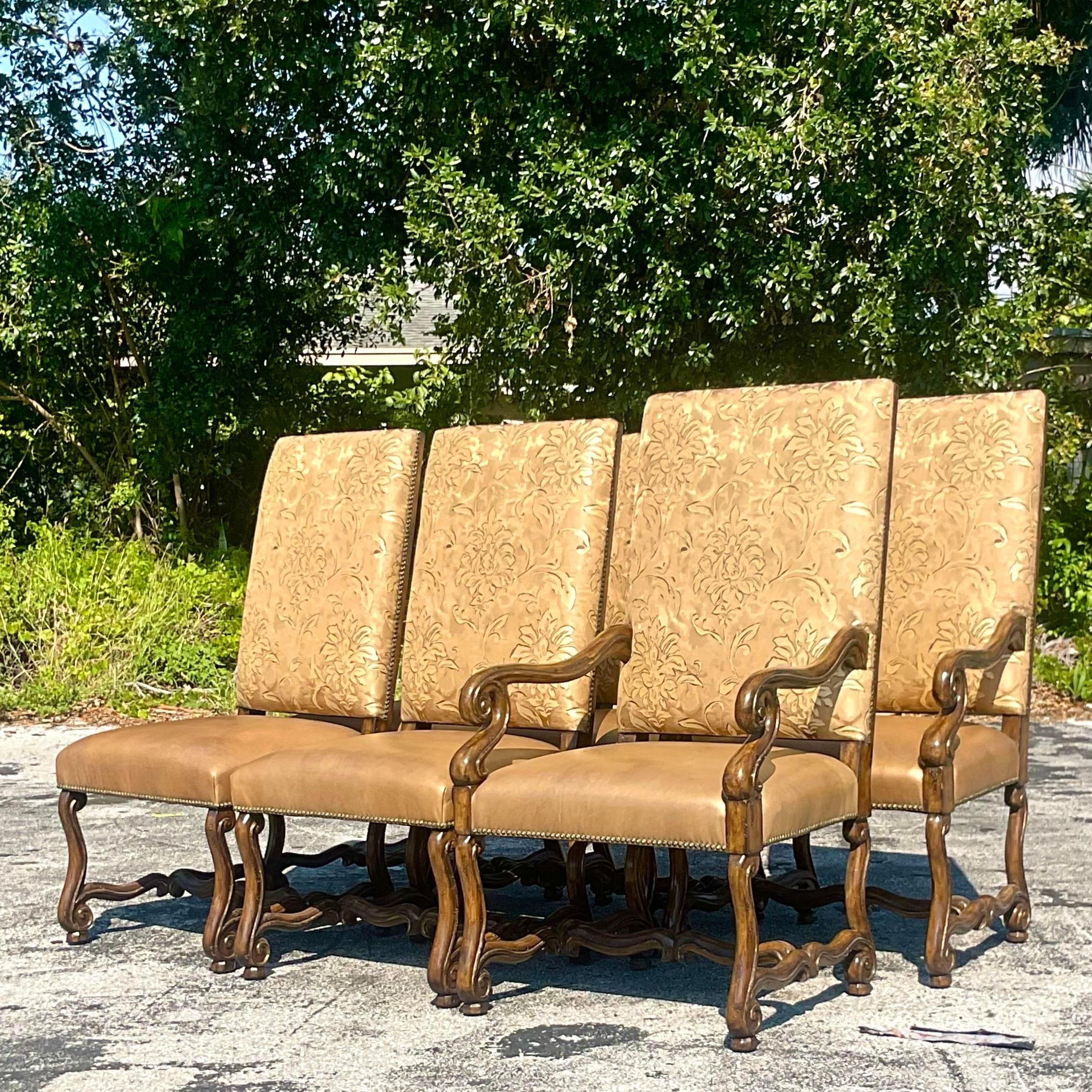 Vintage Boho Marge Carson’s High Back Leather and Brocade Dining Chairs, Set of 4