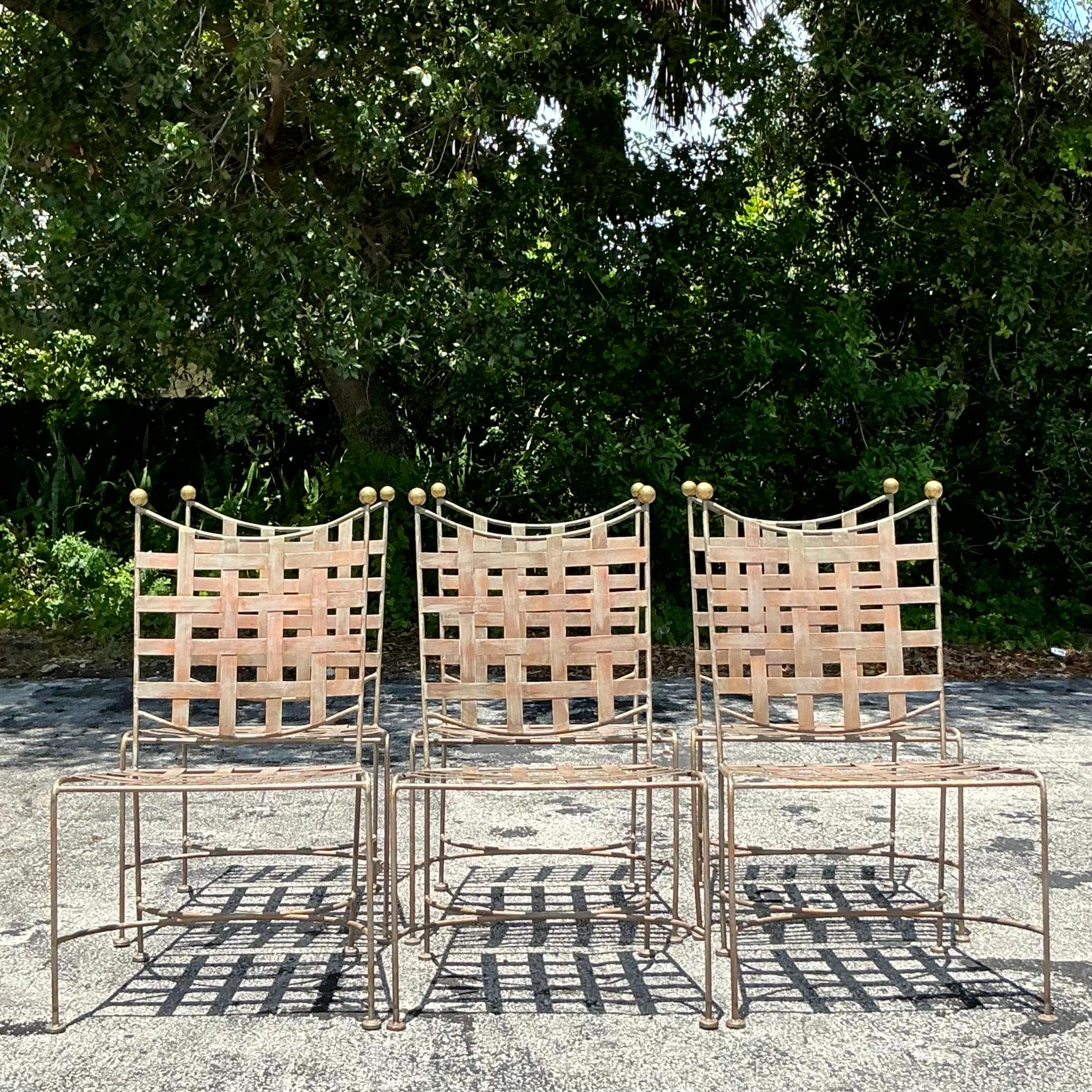 Mid-Century Modern Vintage Boho Mario Papperzini Style Banded Outdoor Dining Chairs - Set of 6
