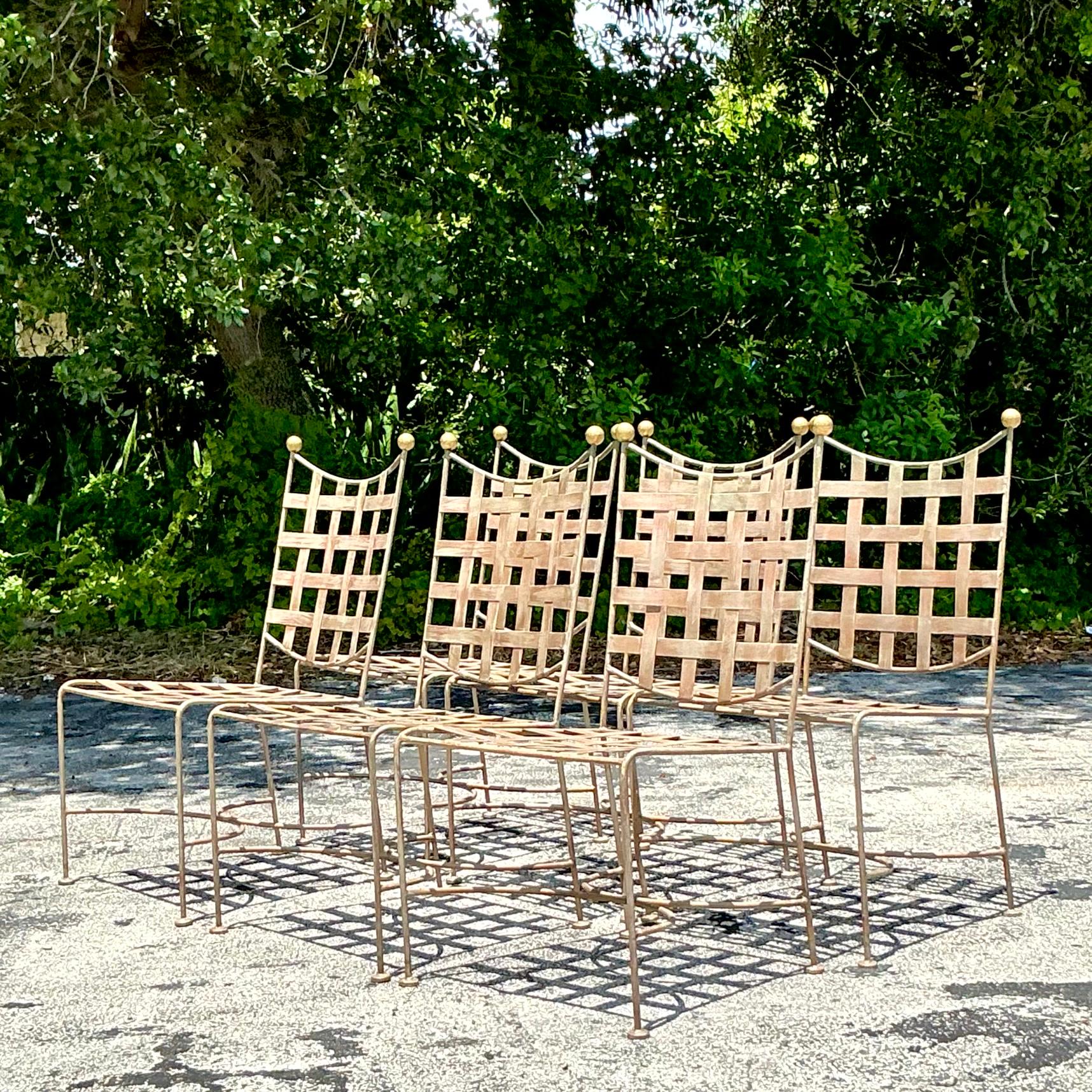 Vintage Boho Mario Papperzini Style Banded Outdoor Dining Chairs - Set of 6 In Good Condition In West Palm Beach, FL
