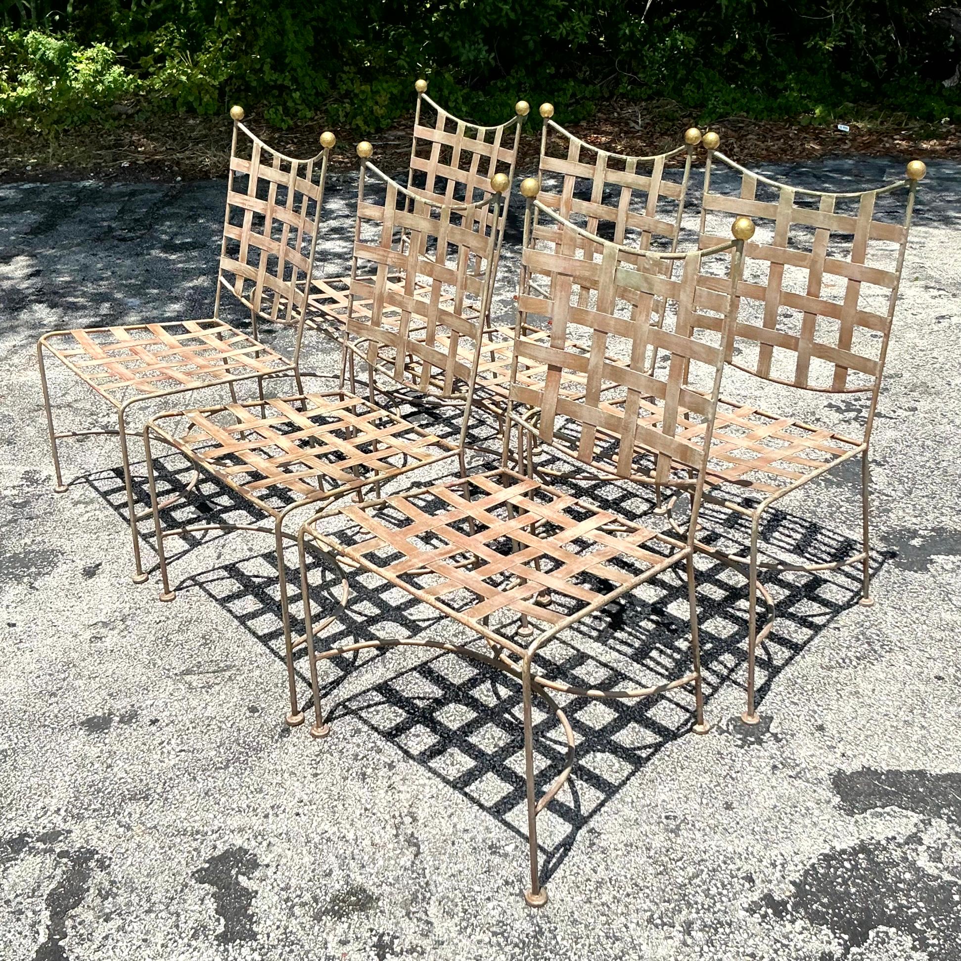 Wrought Iron Vintage Boho Mario Papperzini Style Banded Outdoor Dining Chairs - Set of 6