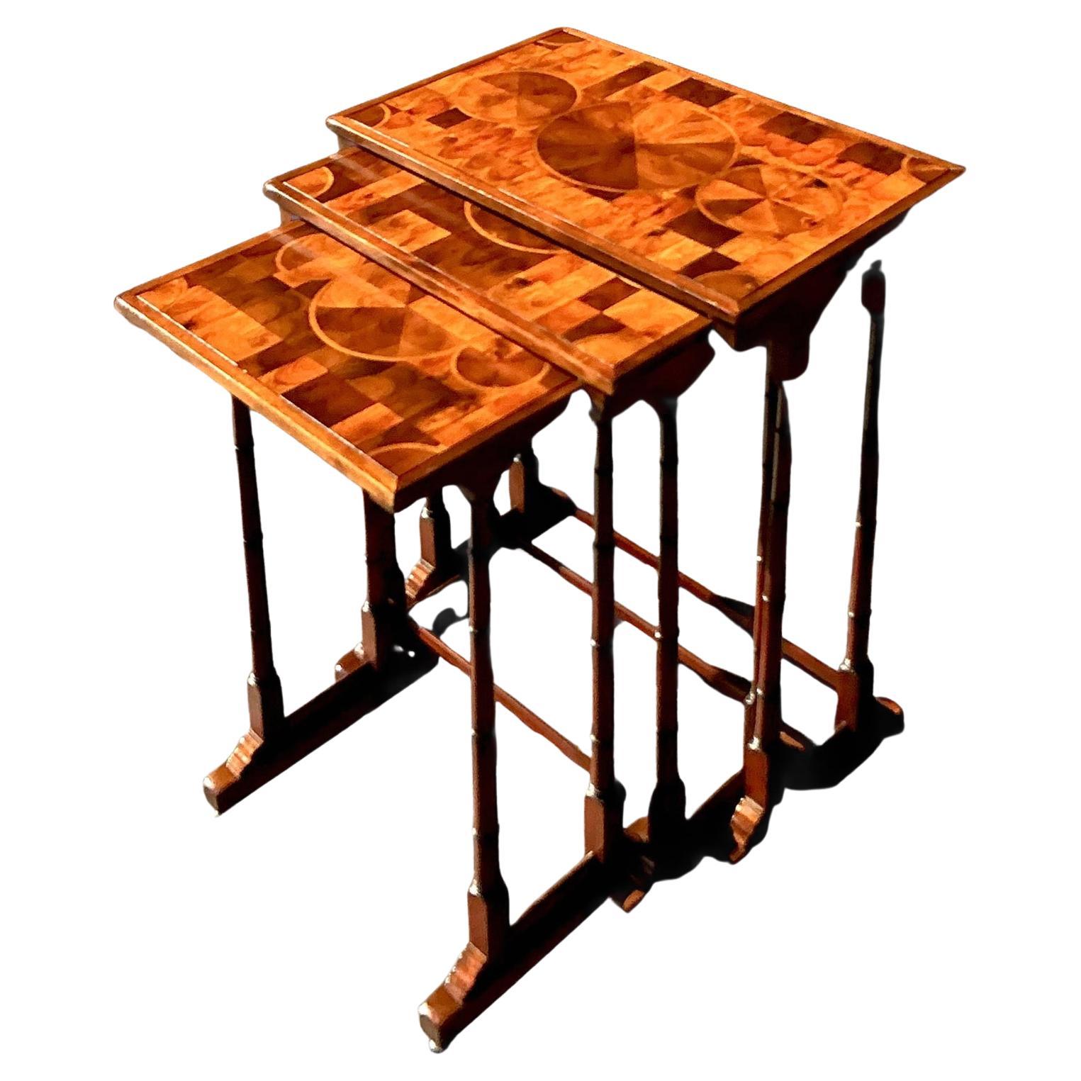 Vintage Boho Marquetry Nesting Tables - Set of 3